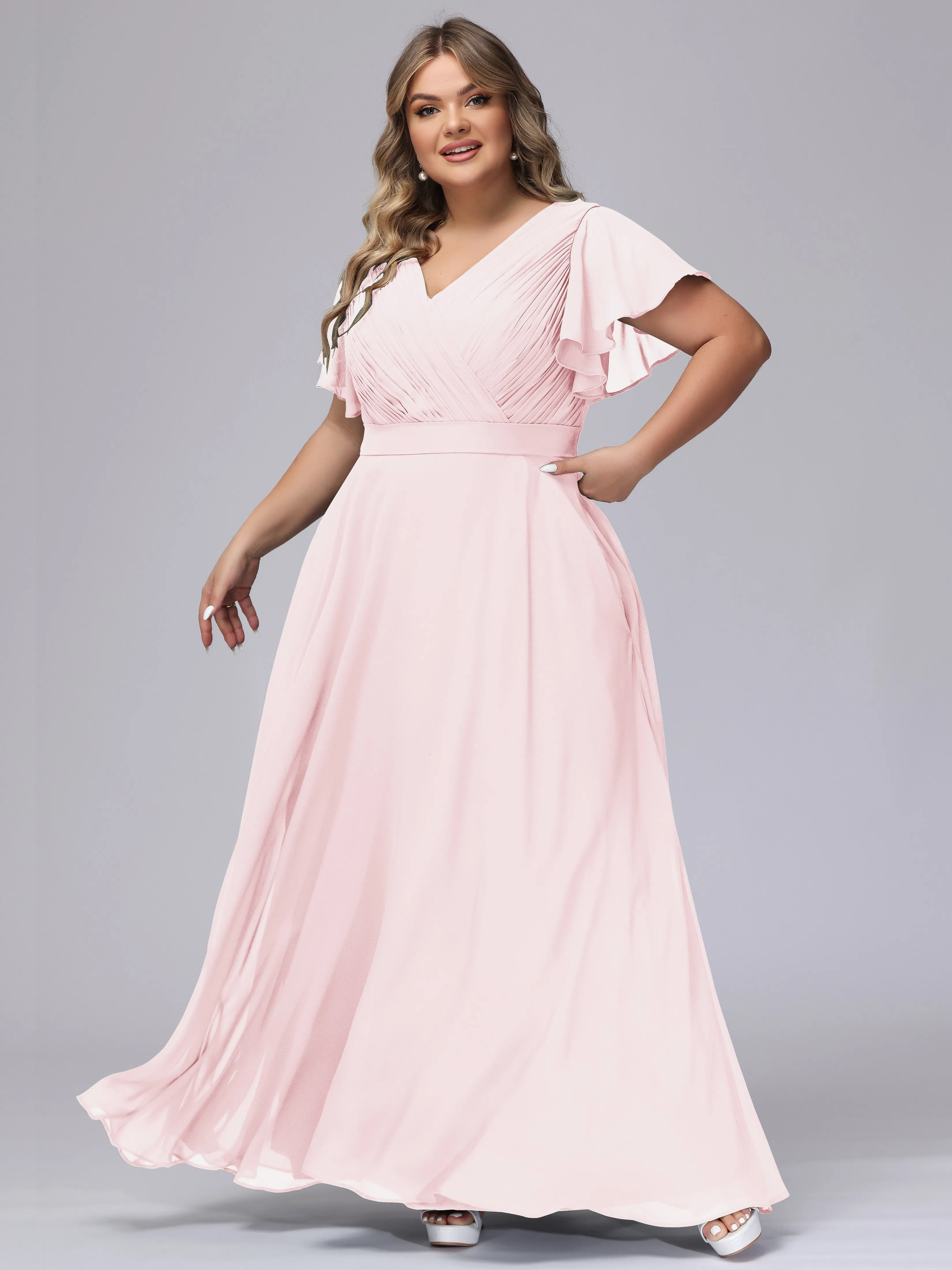 Elegant V-neck Ruffle Sleeves Empire Plus Size Bridesmaid Dress