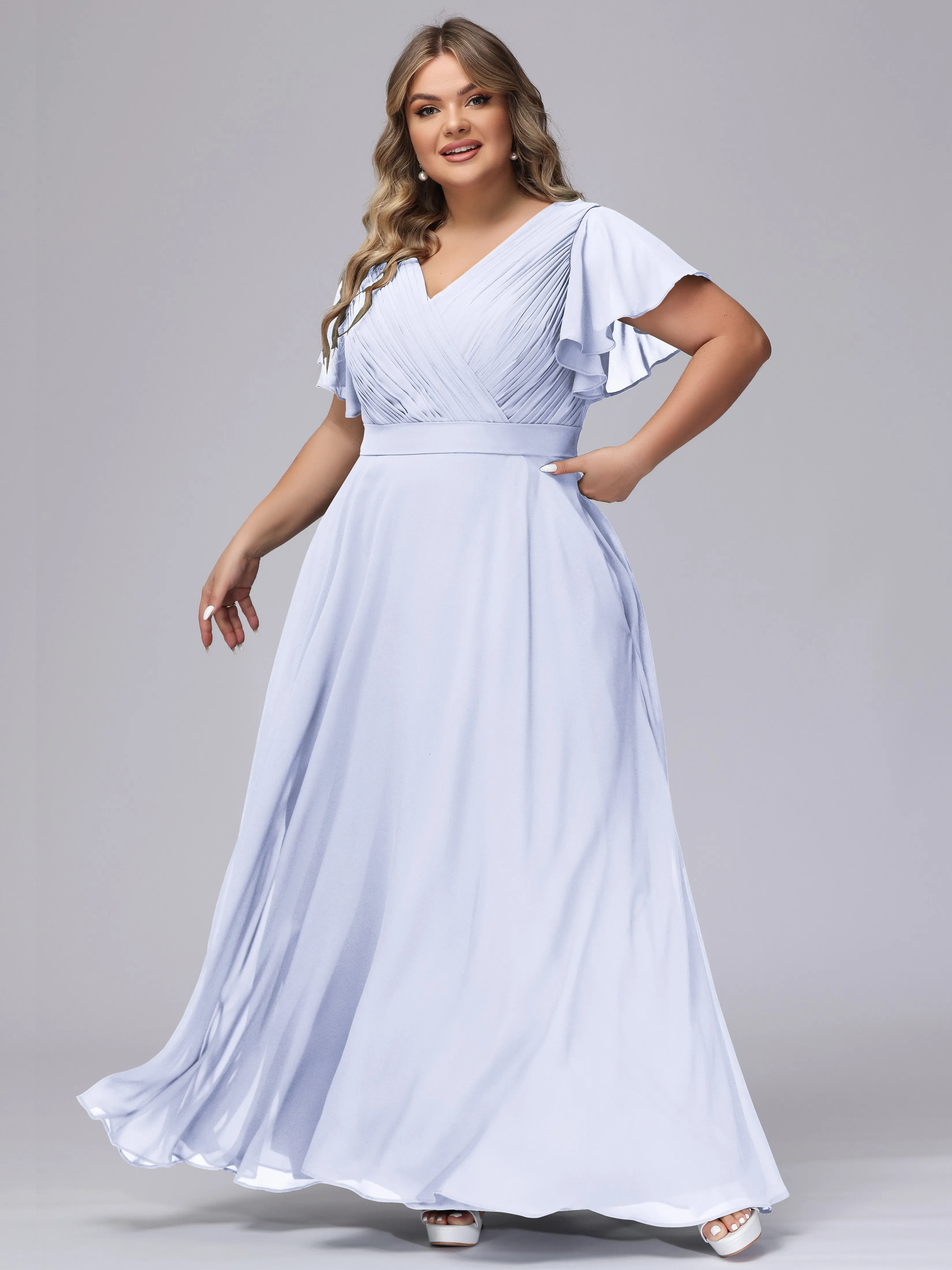 Elegant V-neck Ruffle Sleeves Empire Plus Size Bridesmaid Dress