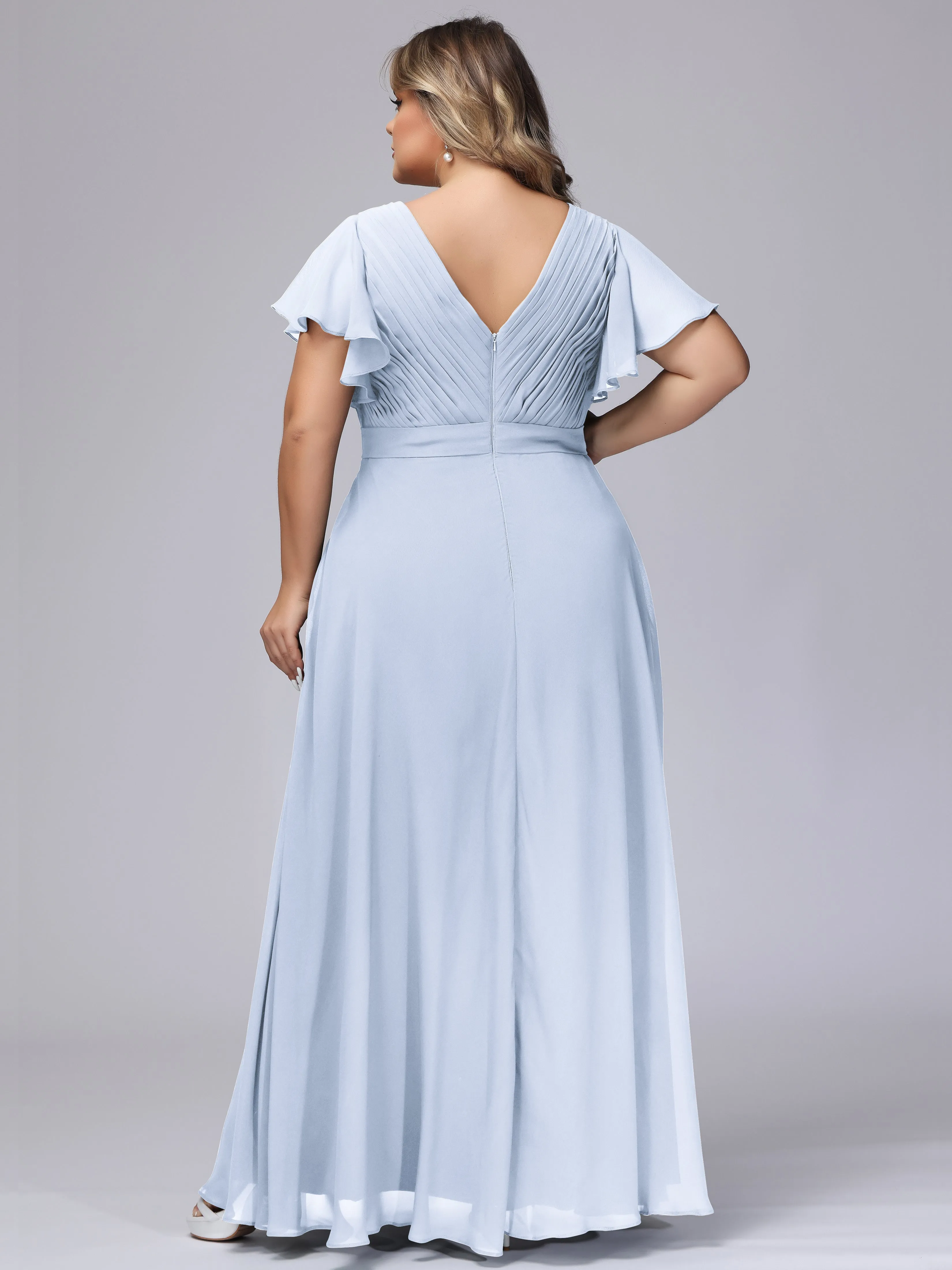 Elegant V-neck Ruffle Sleeves Empire Plus Size Bridesmaid Dress