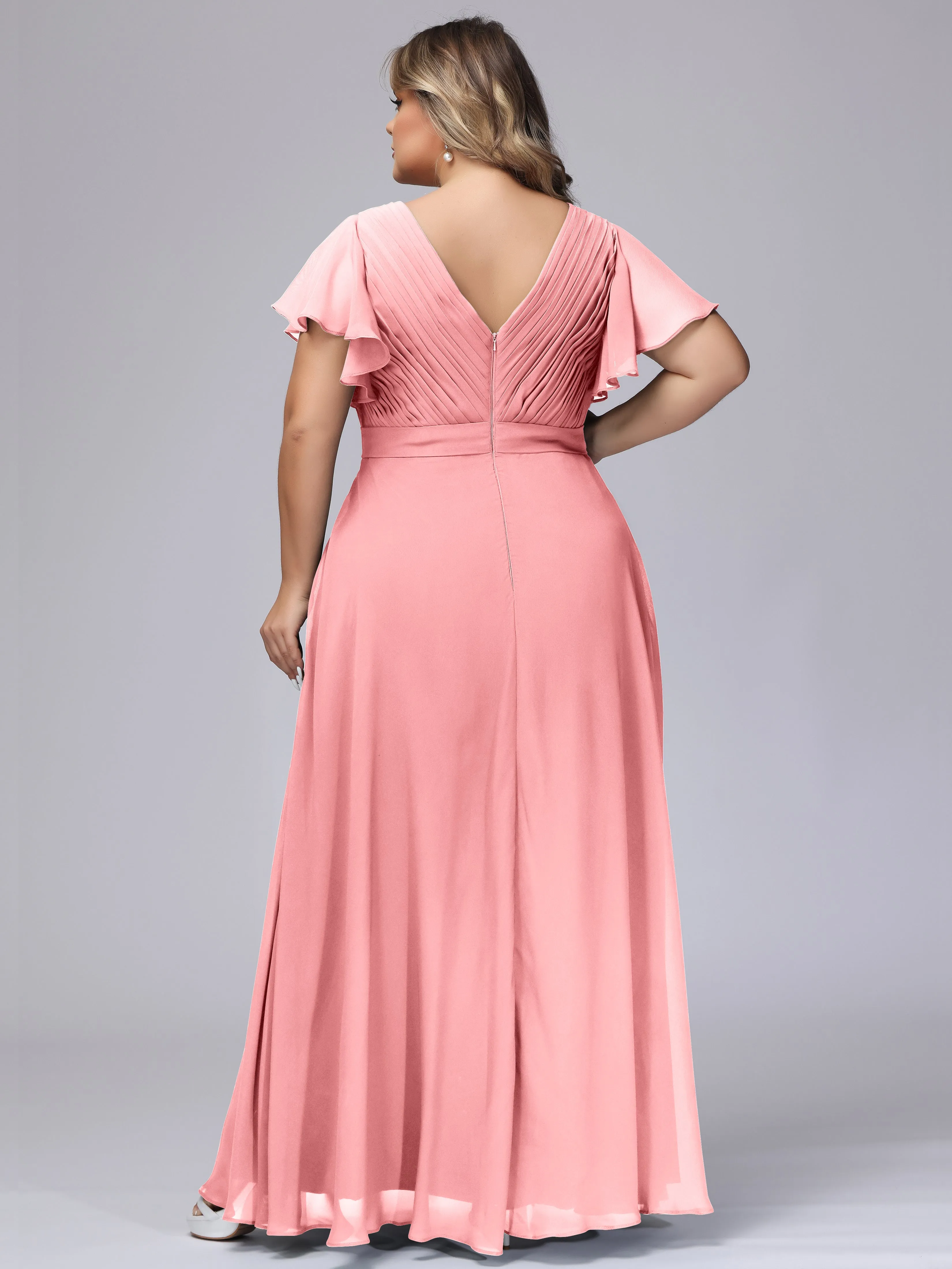 Elegant V-neck Ruffle Sleeves Empire Plus Size Bridesmaid Dress