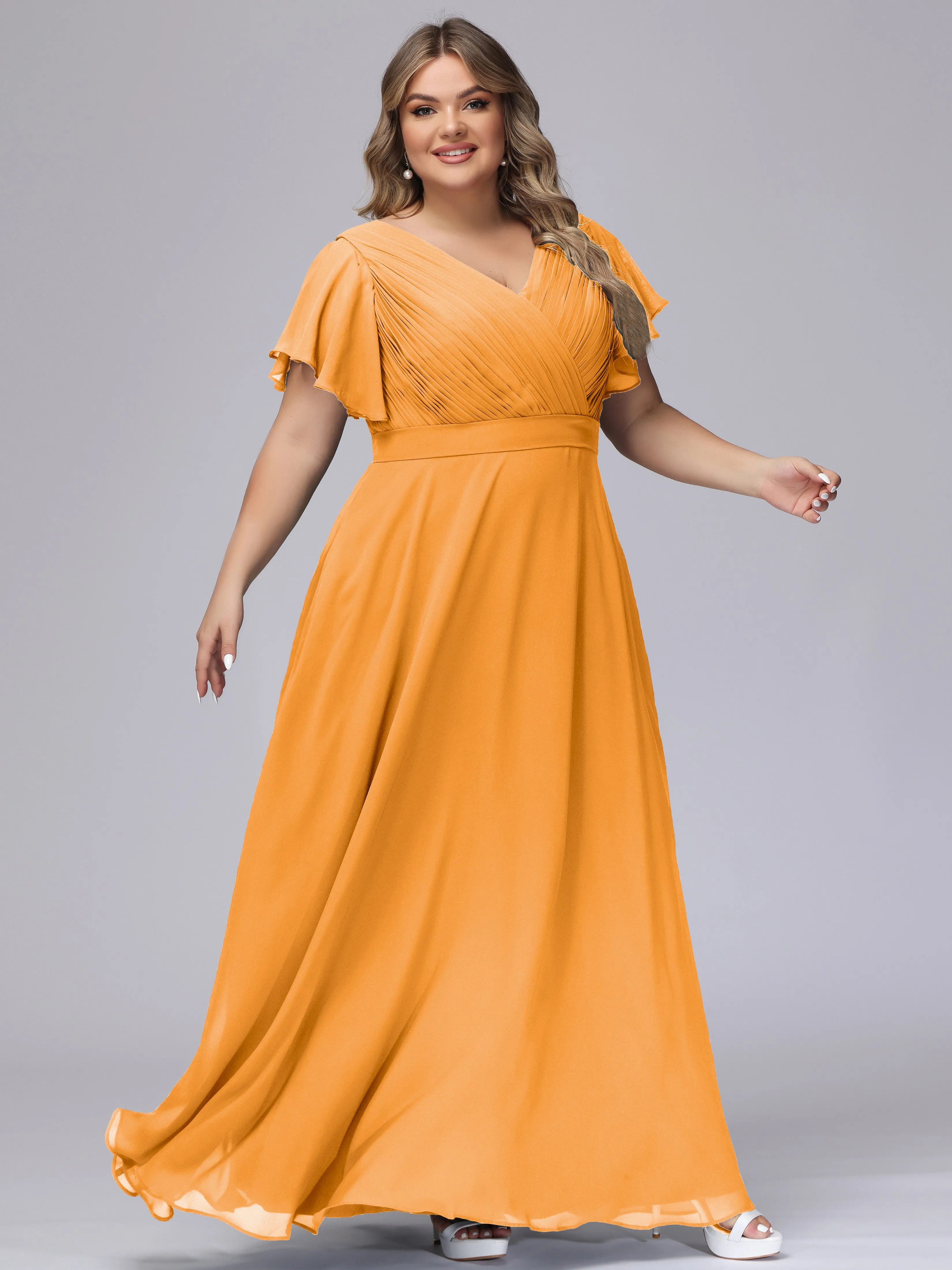 Elegant V-neck Ruffle Sleeves Empire Plus Size Bridesmaid Dress