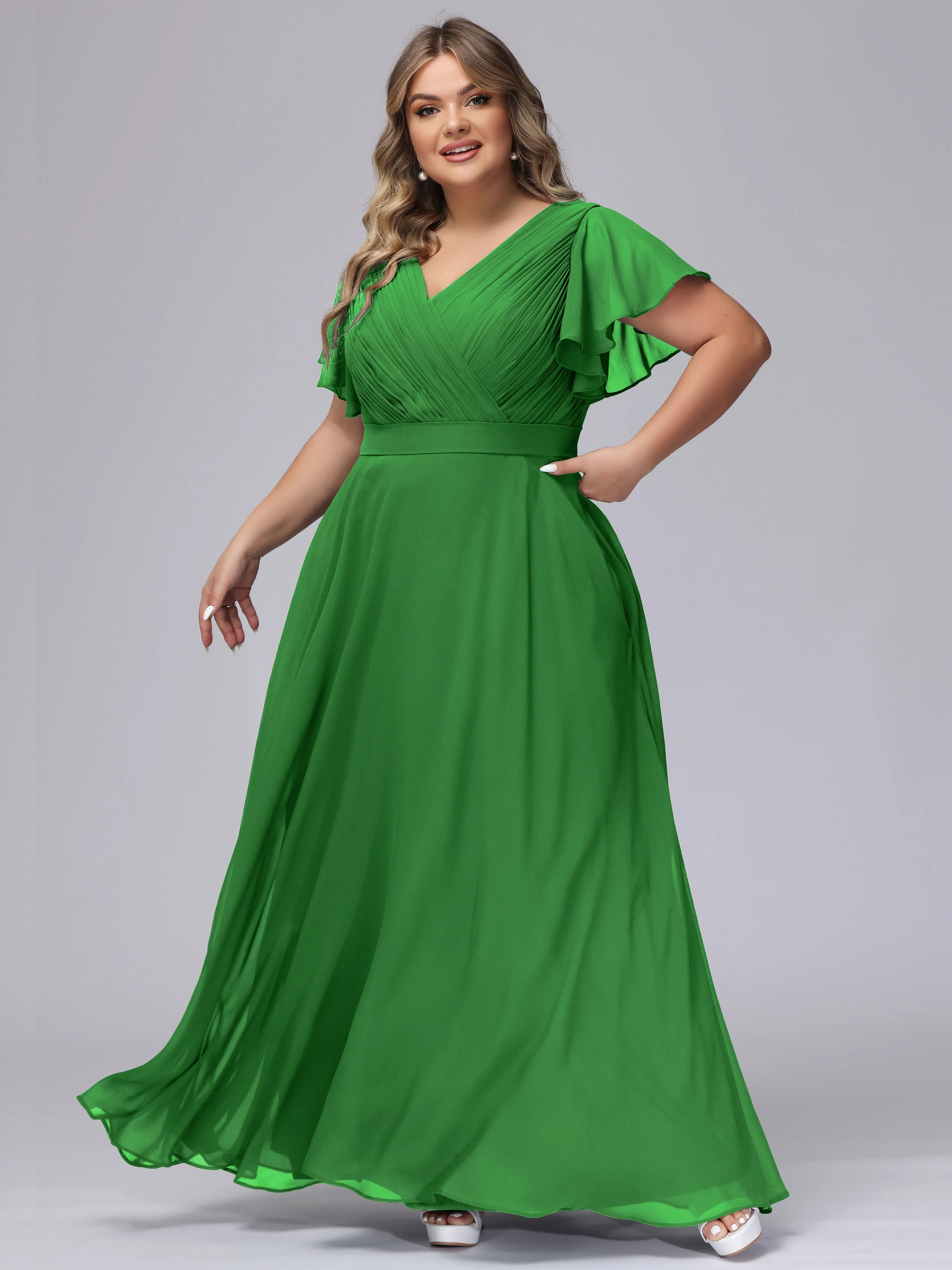 Elegant V-neck Ruffle Sleeves Empire Plus Size Bridesmaid Dress