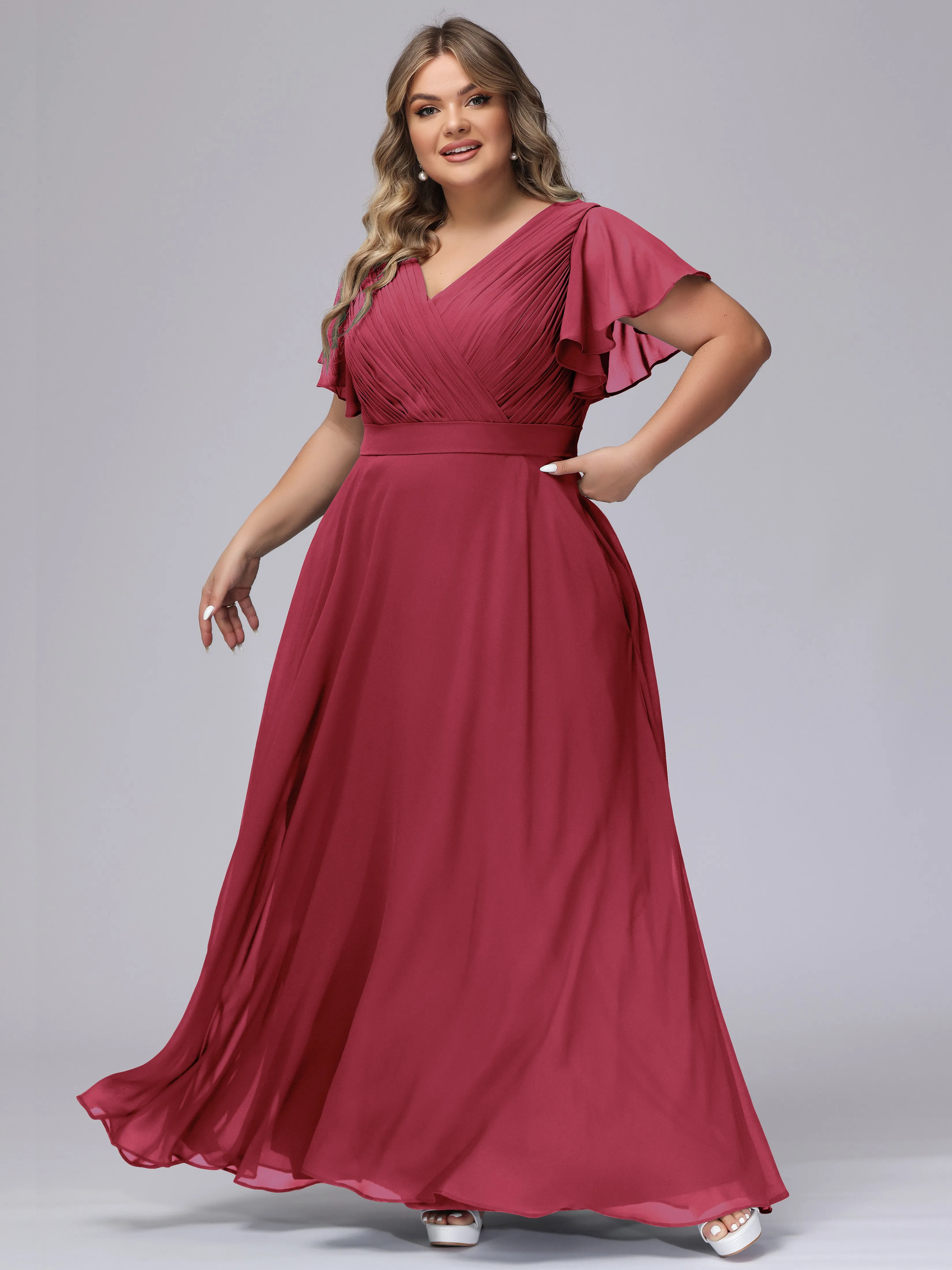 Elegant V-neck Ruffle Sleeves Empire Plus Size Bridesmaid Dress