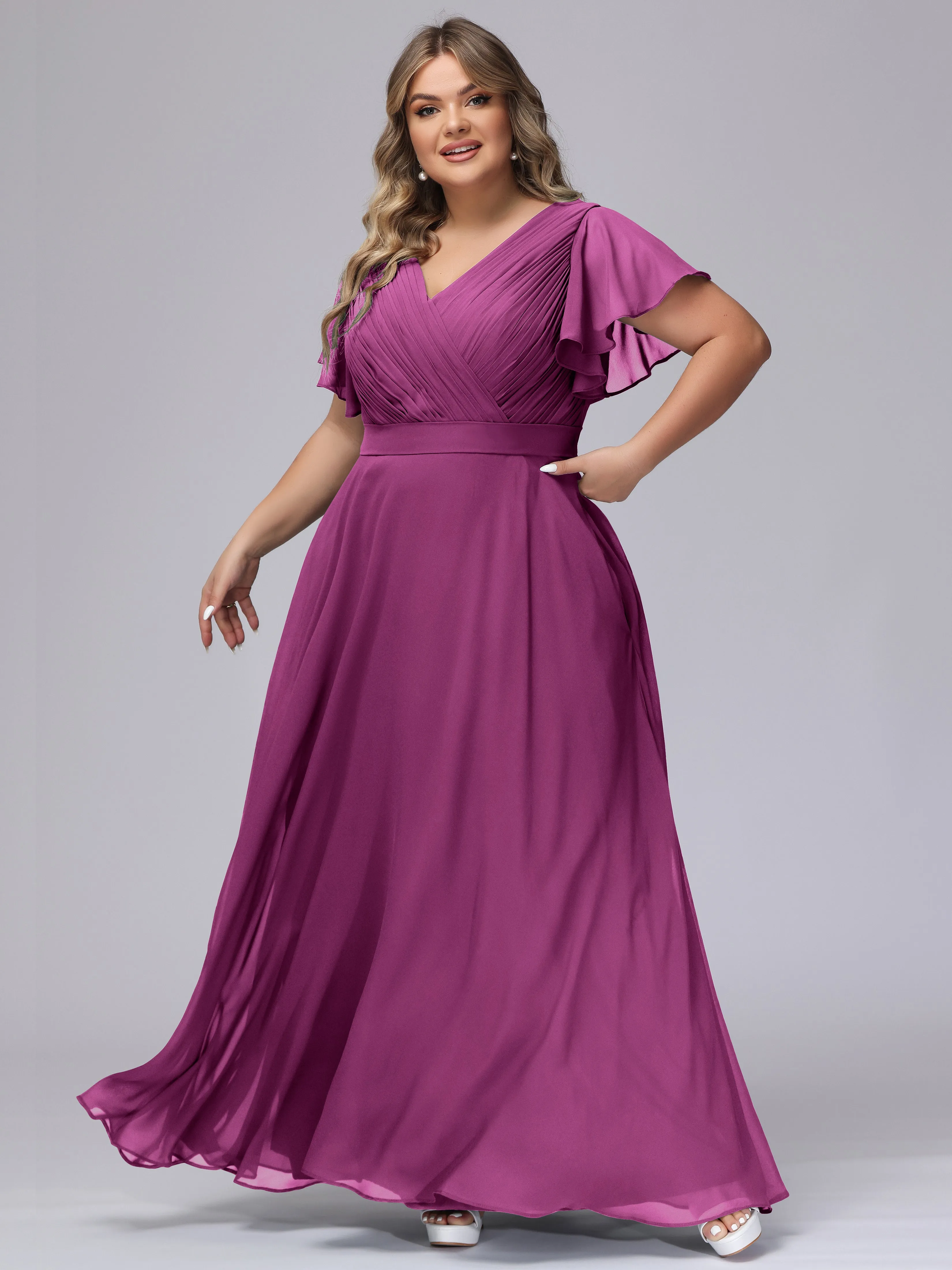 Elegant V-neck Ruffle Sleeves Empire Plus Size Bridesmaid Dress