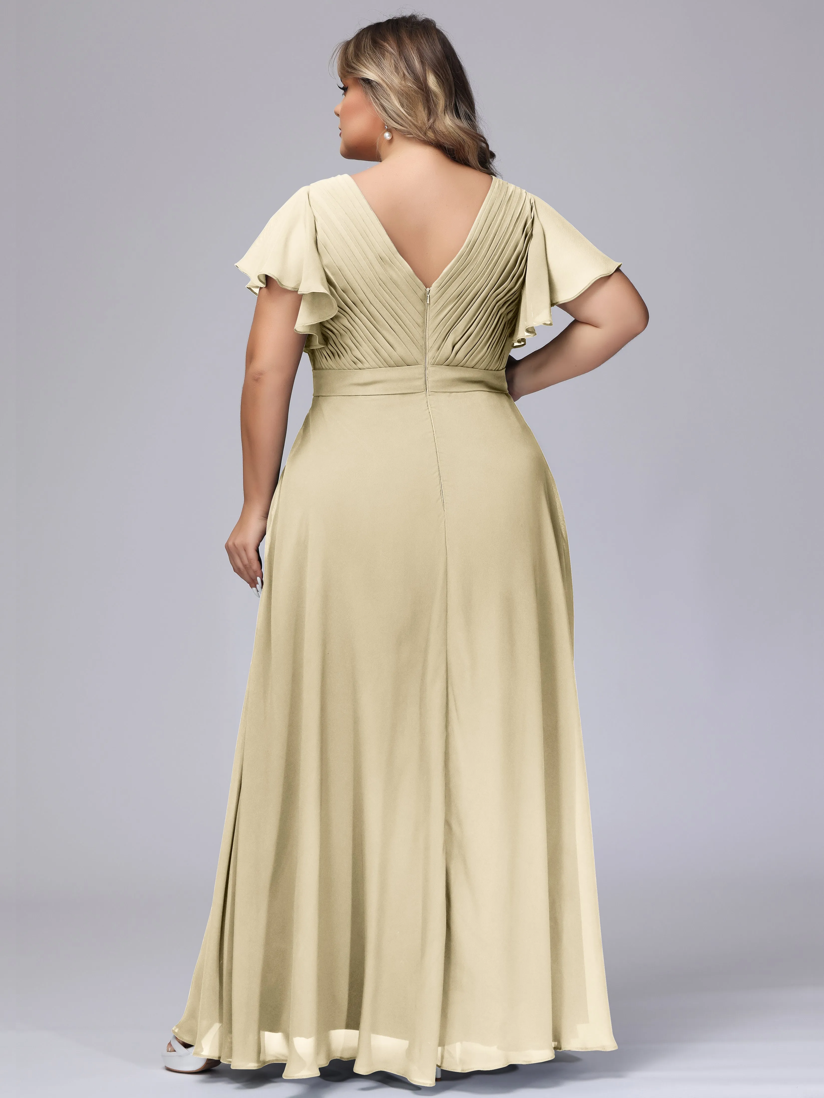 Elegant V-neck Ruffle Sleeves Empire Plus Size Bridesmaid Dress