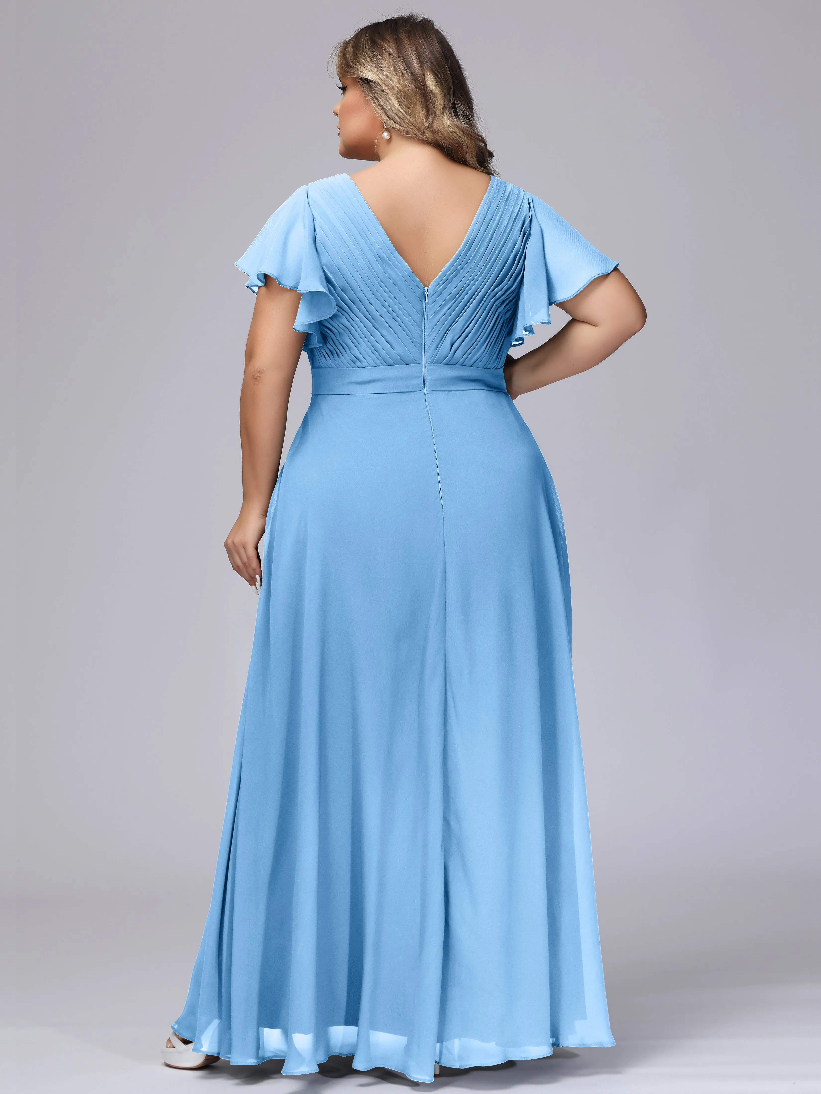 Elegant V-neck Ruffle Sleeves Empire Plus Size Bridesmaid Dress