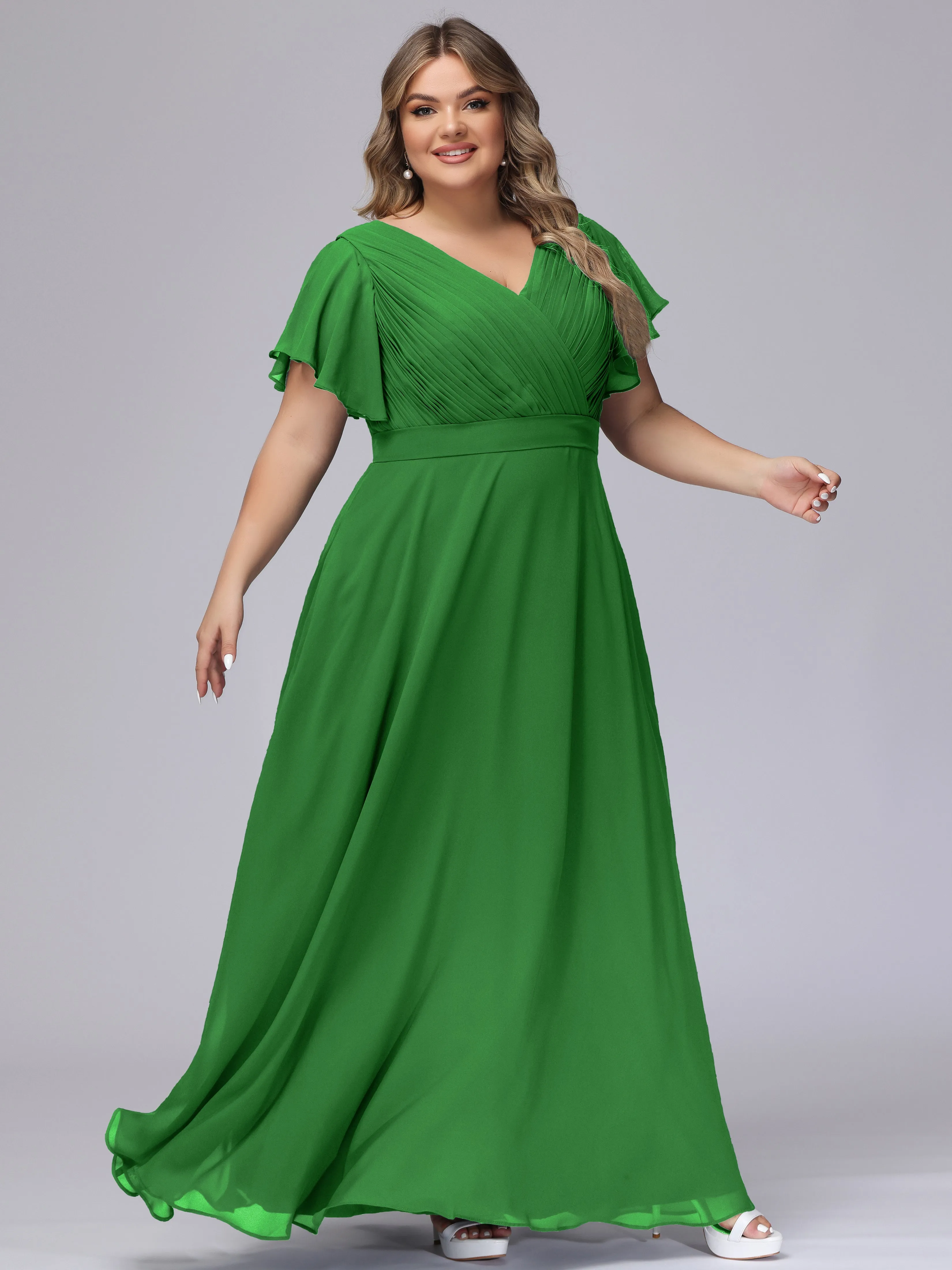 Elegant V-neck Ruffle Sleeves Empire Plus Size Bridesmaid Dress