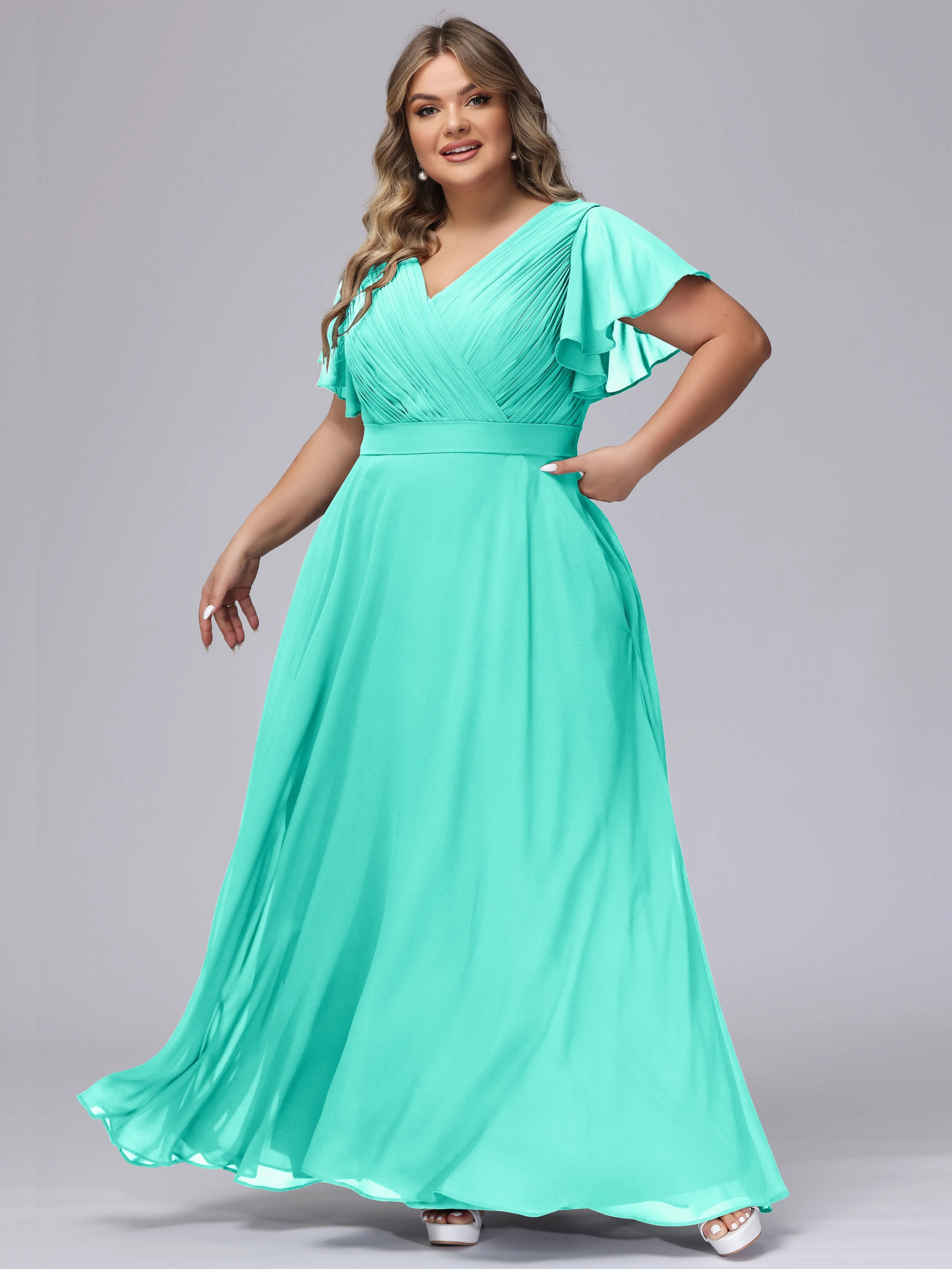 Elegant V-neck Ruffle Sleeves Empire Plus Size Bridesmaid Dress
