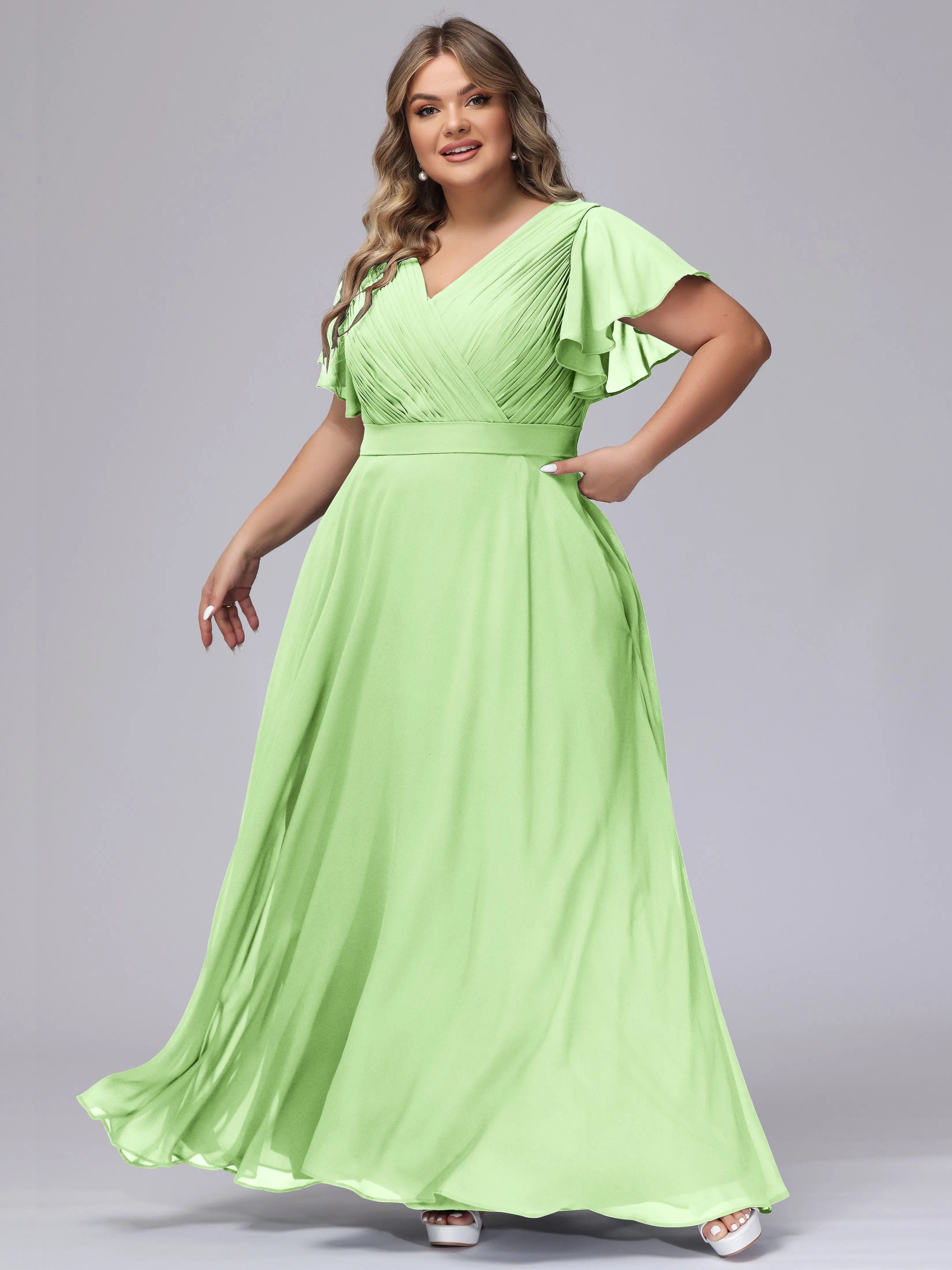 Elegant V-neck Ruffle Sleeves Empire Plus Size Bridesmaid Dress