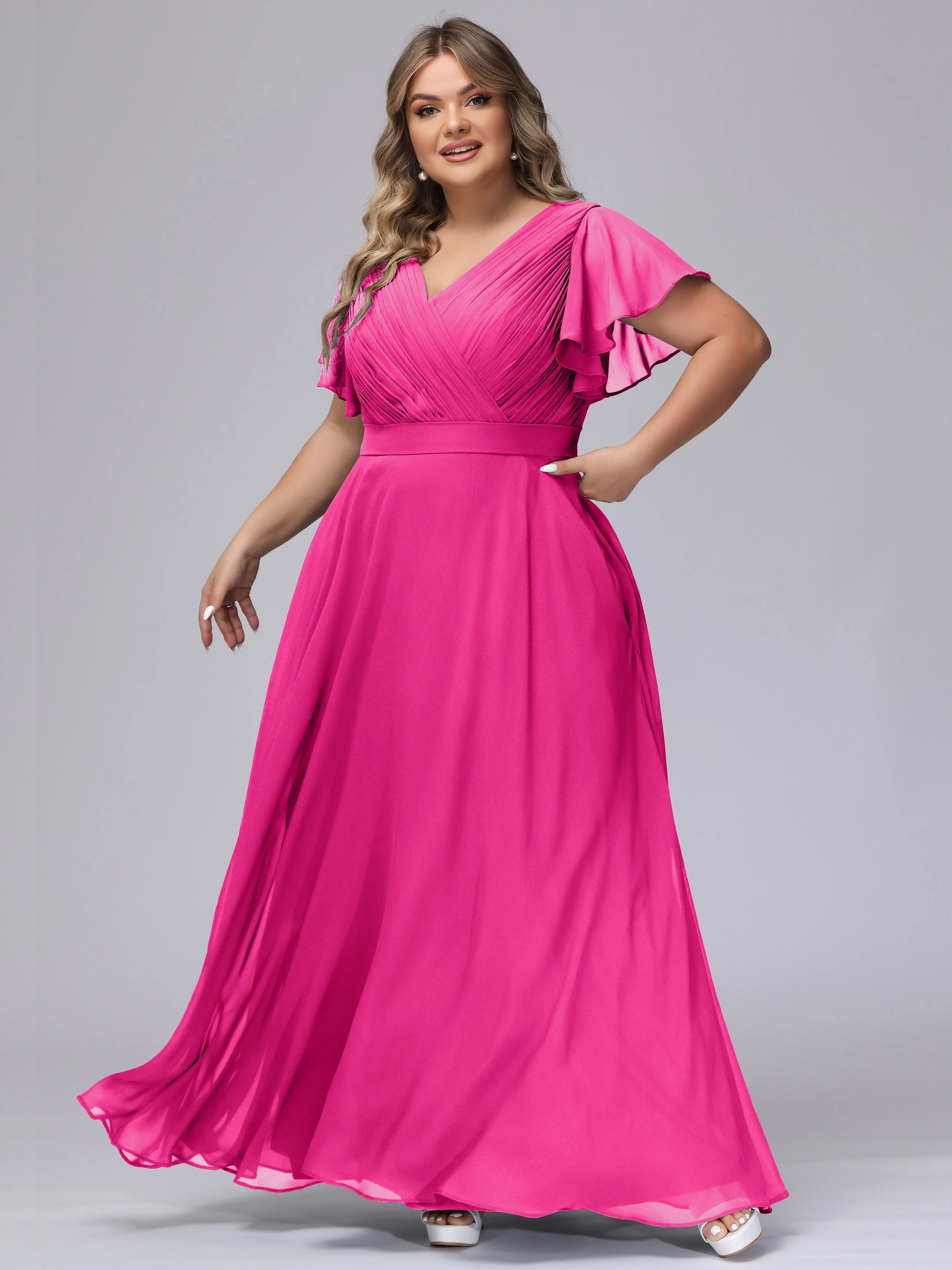 Elegant V-neck Ruffle Sleeves Empire Plus Size Bridesmaid Dress