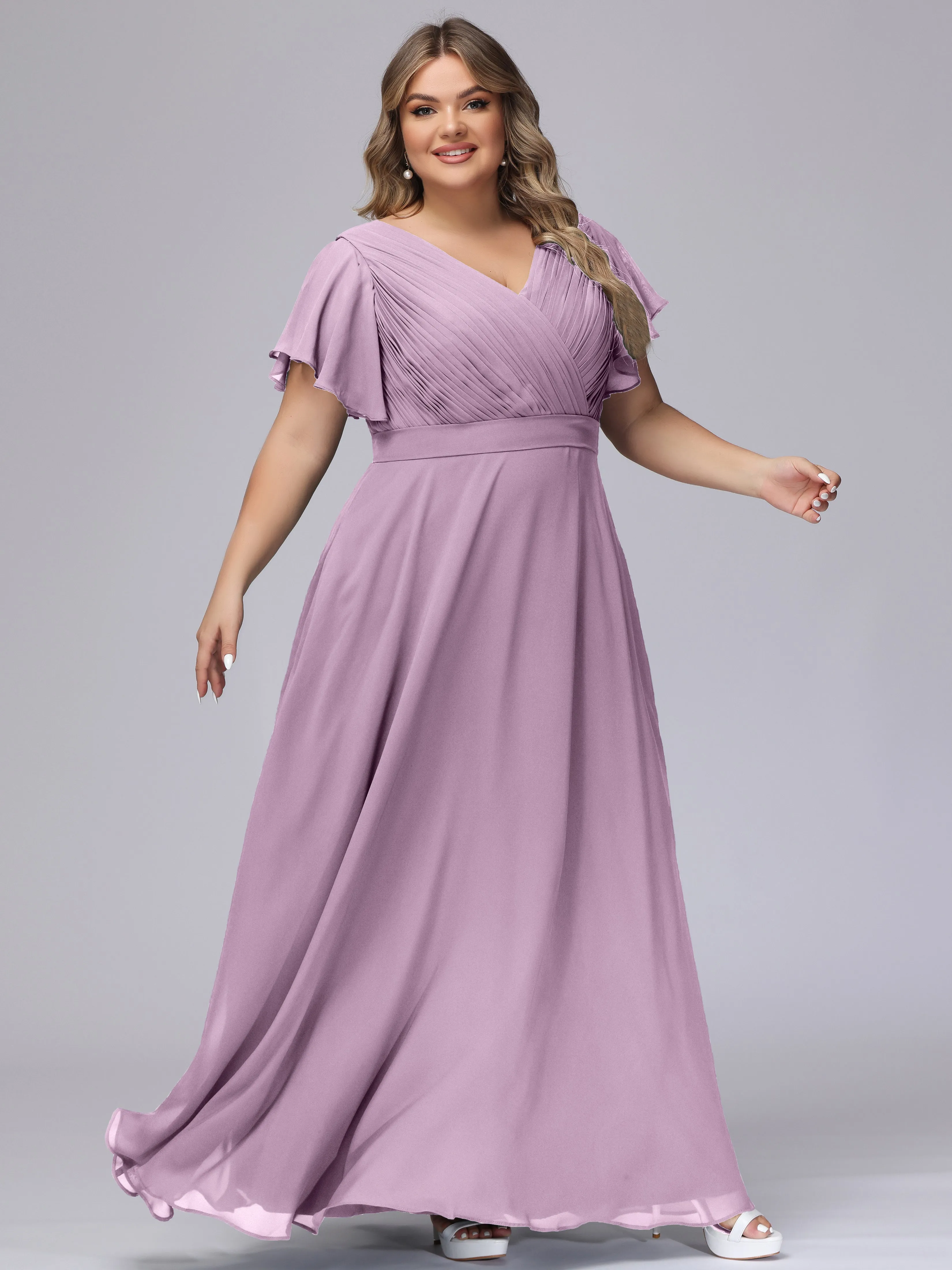 Elegant V-neck Ruffle Sleeves Empire Plus Size Bridesmaid Dress