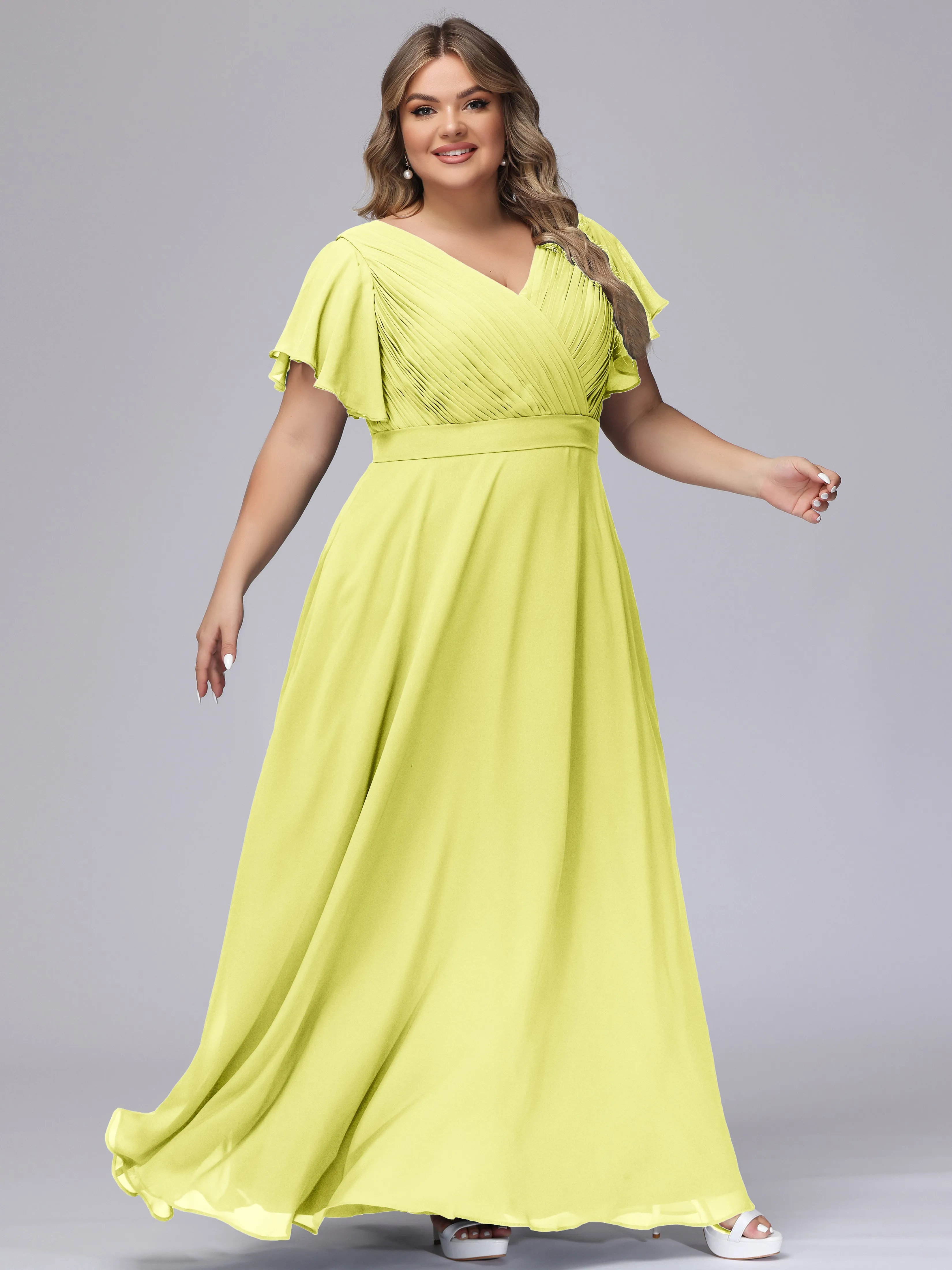 Elegant V-neck Ruffle Sleeves Empire Plus Size Bridesmaid Dress