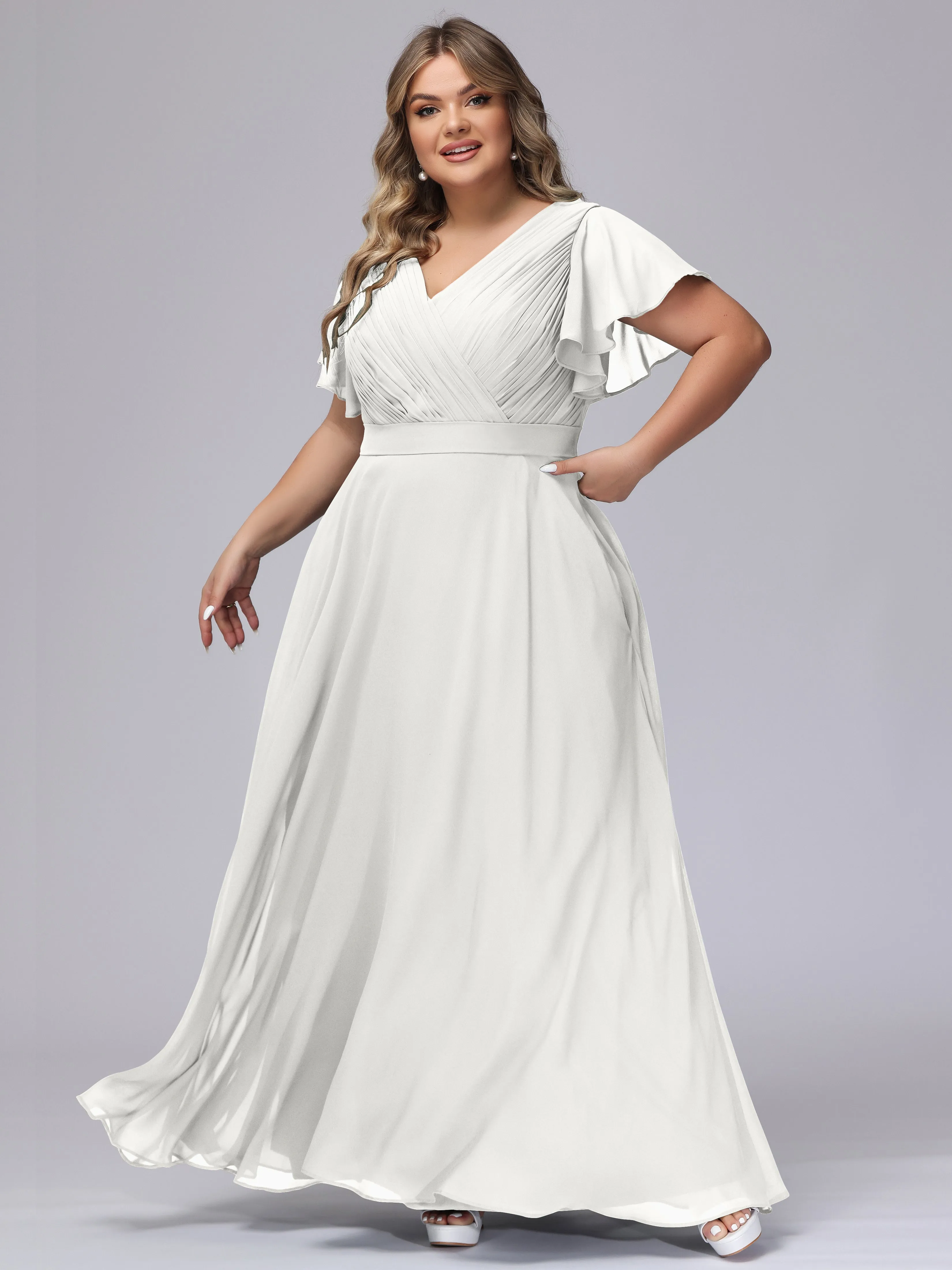 Elegant V-neck Ruffle Sleeves Empire Plus Size Bridesmaid Dress