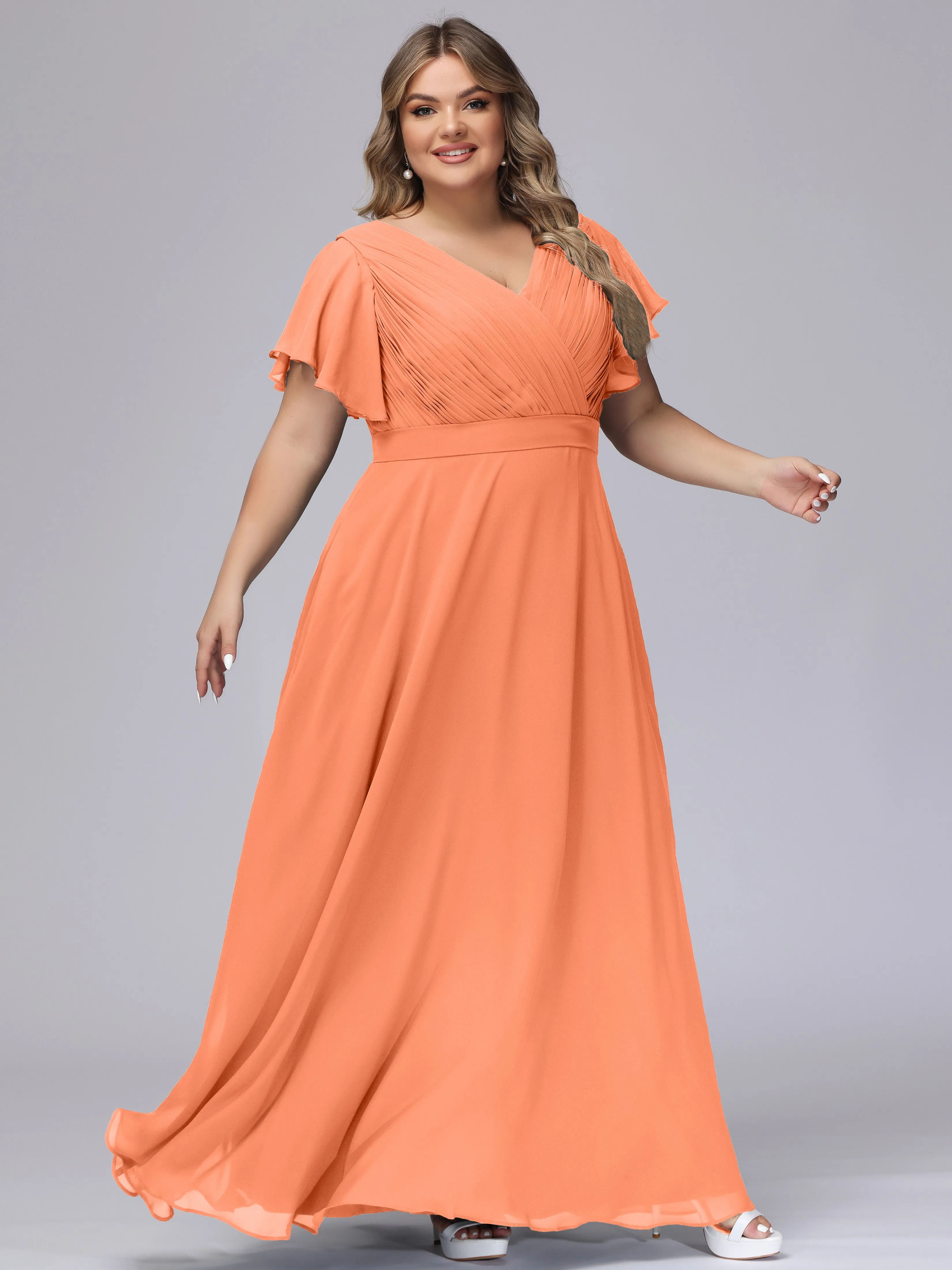 Elegant V-neck Ruffle Sleeves Empire Plus Size Bridesmaid Dress