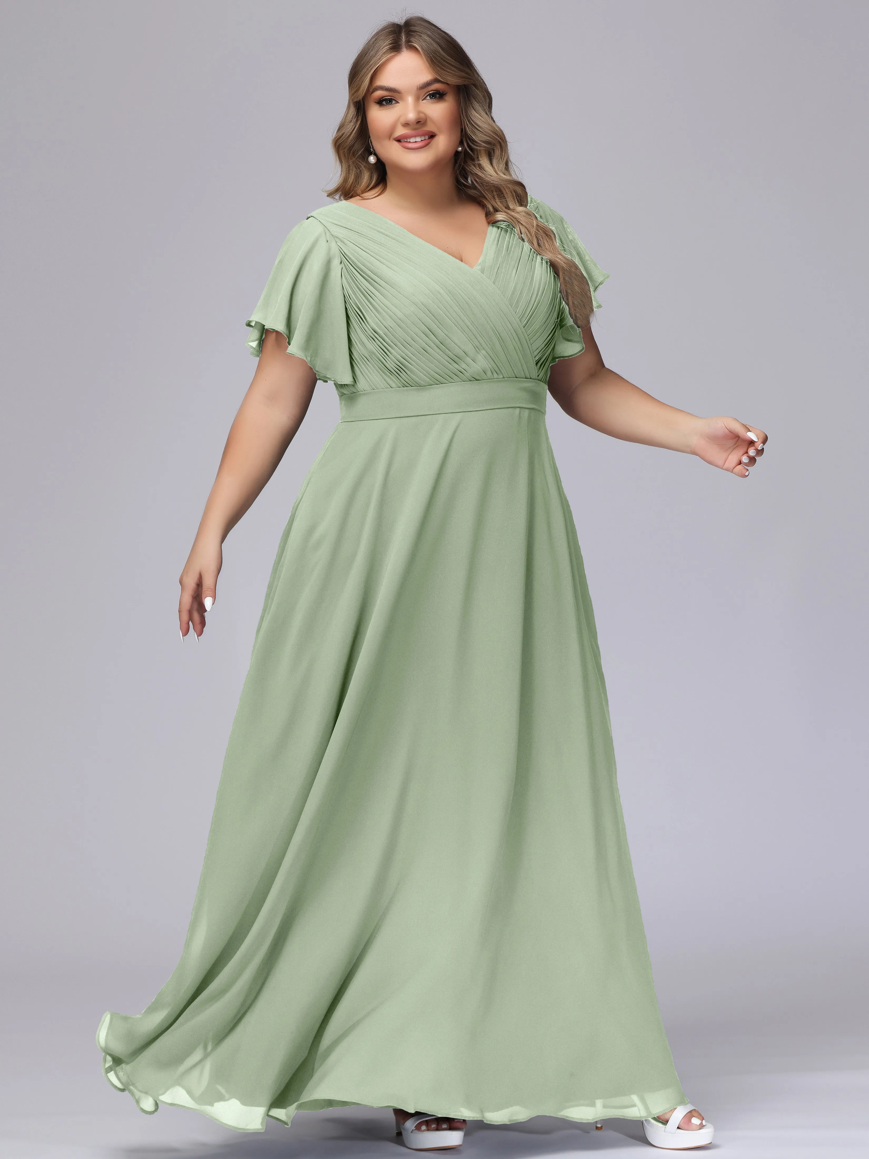 Elegant V-neck Ruffle Sleeves Empire Plus Size Bridesmaid Dress