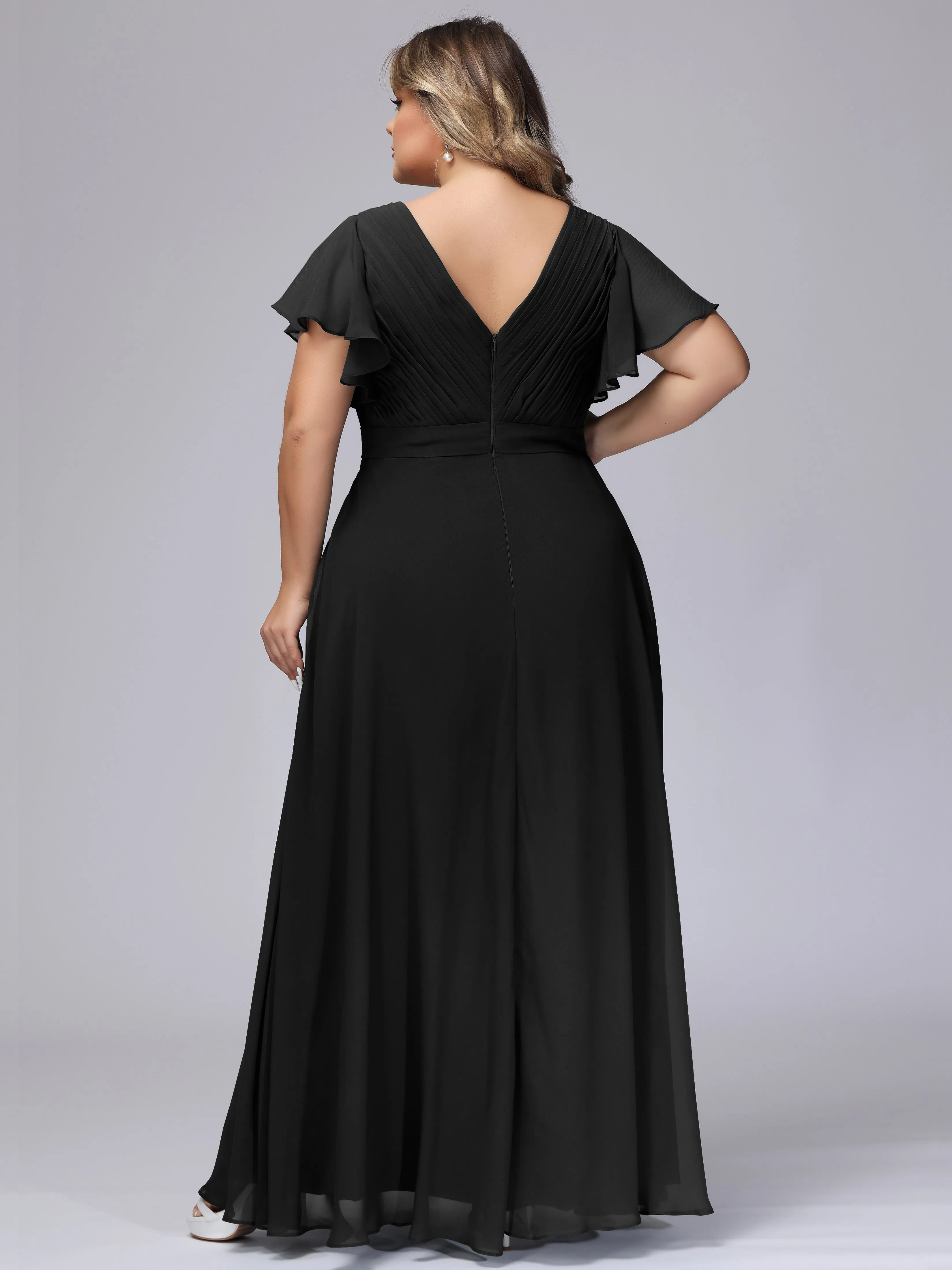 Elegant V-neck Ruffle Sleeves Empire Plus Size Bridesmaid Dress