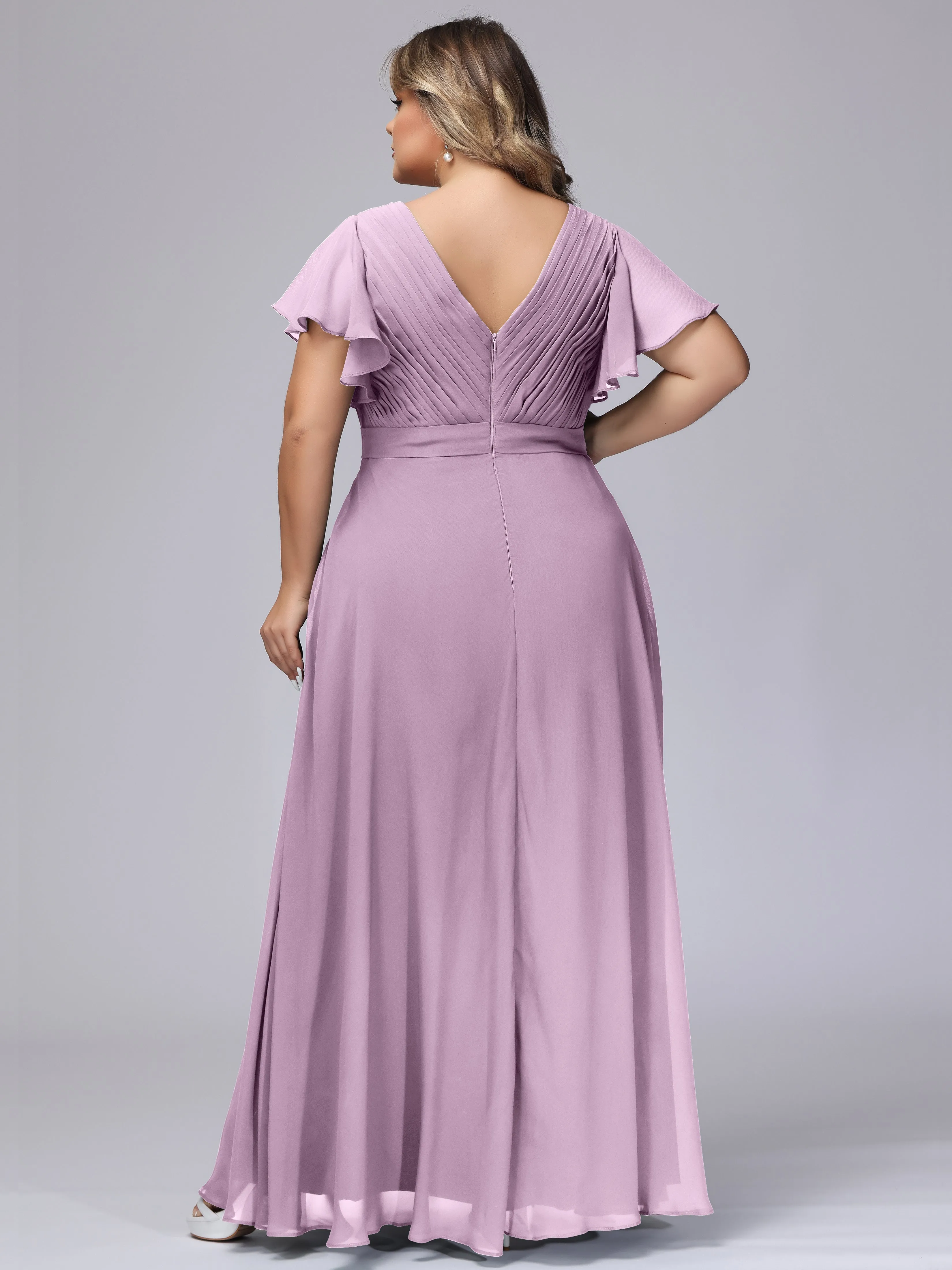 Elegant V-neck Ruffle Sleeves Empire Plus Size Bridesmaid Dress