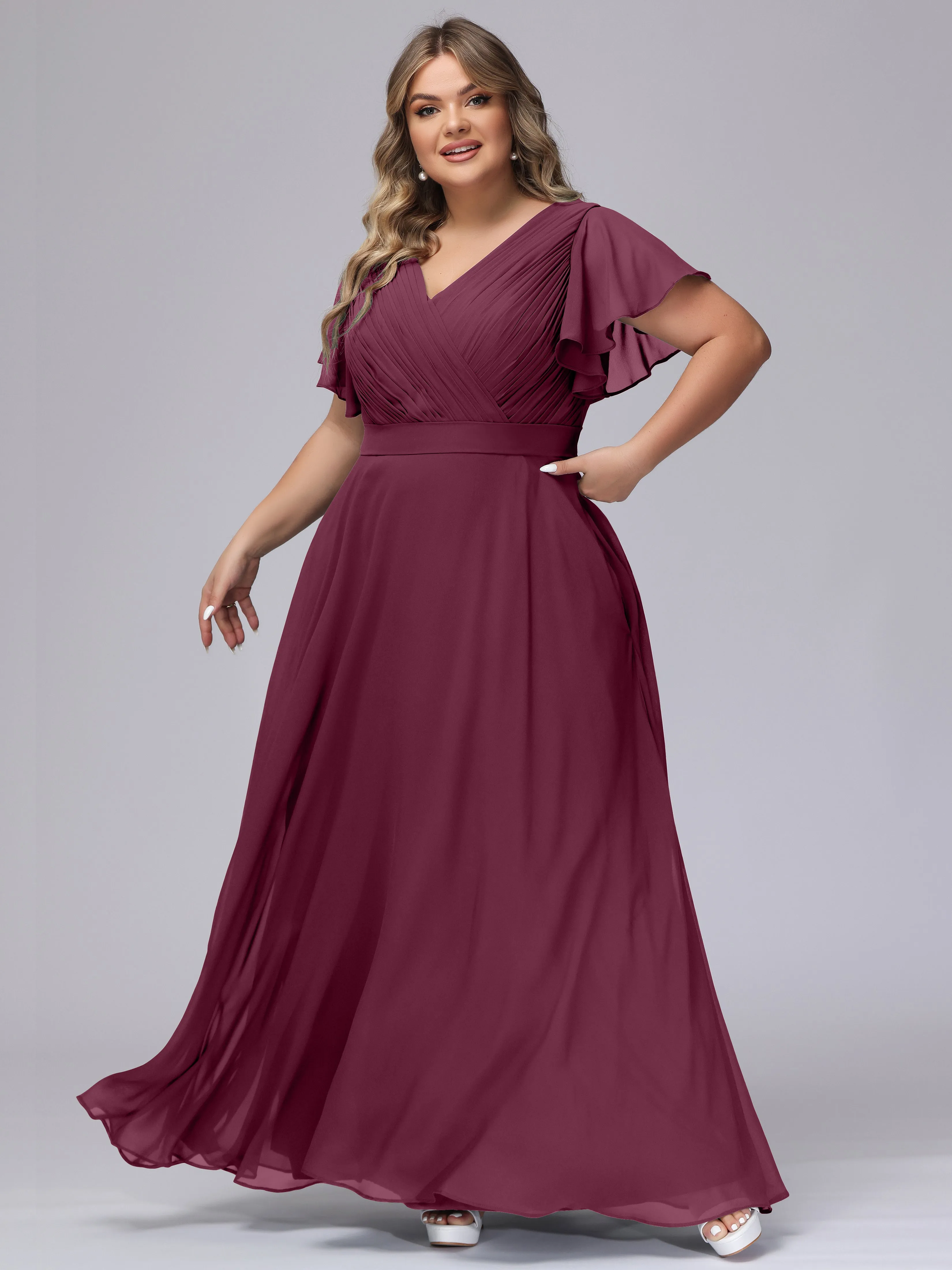 Elegant V-neck Ruffle Sleeves Empire Plus Size Bridesmaid Dress