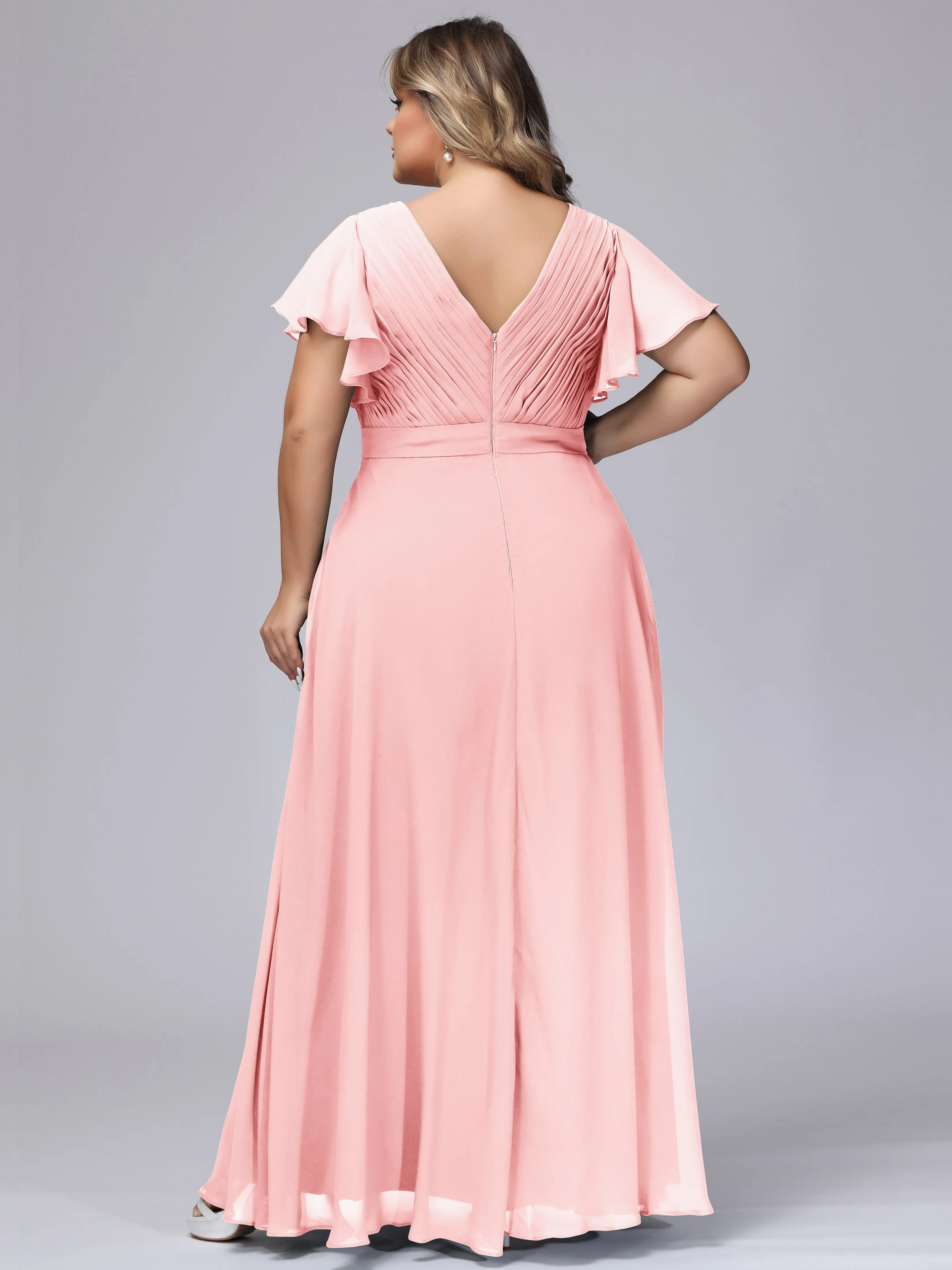 Elegant V-neck Ruffle Sleeves Empire Plus Size Bridesmaid Dress