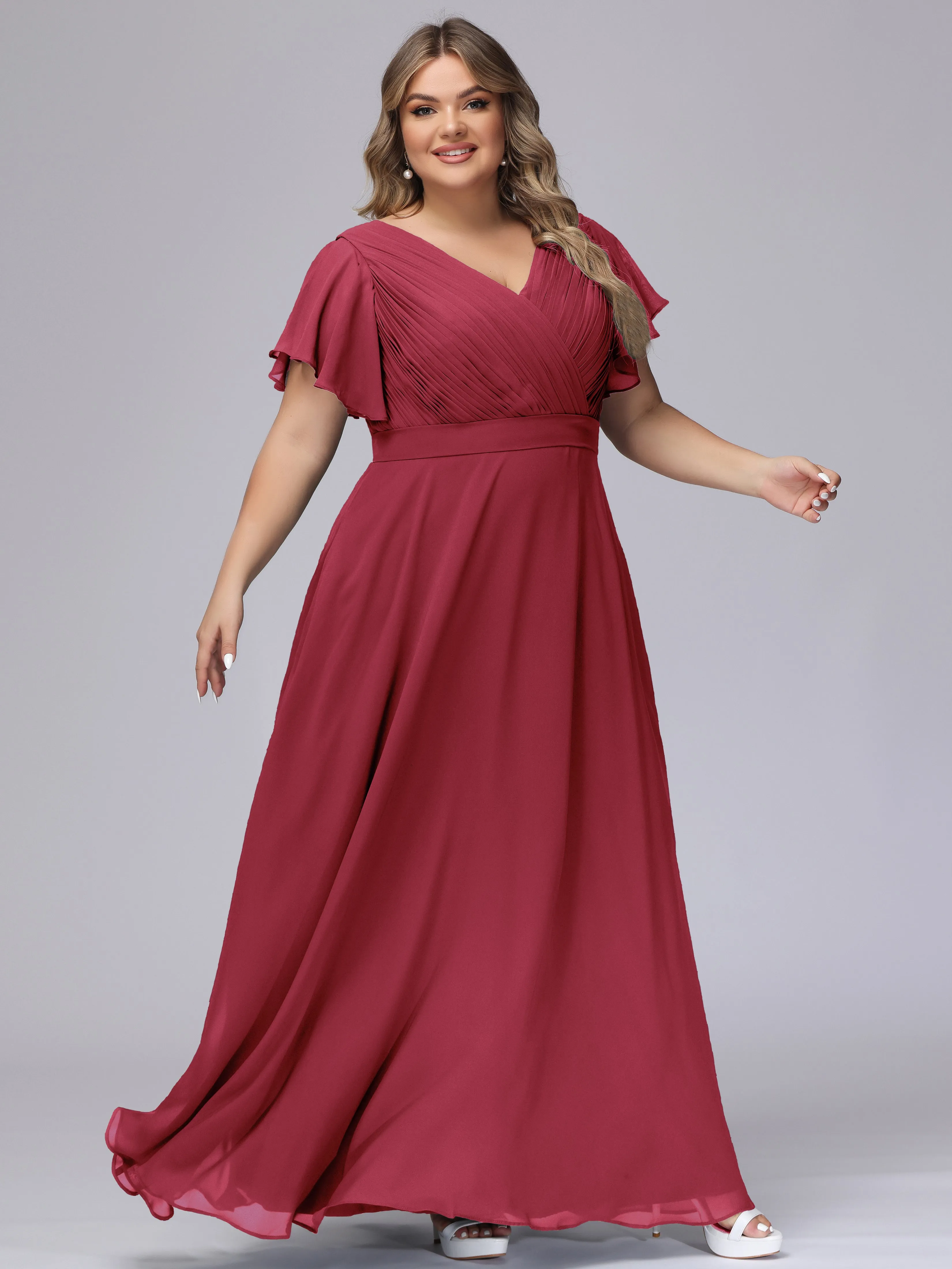 Elegant V-neck Ruffle Sleeves Empire Plus Size Bridesmaid Dress