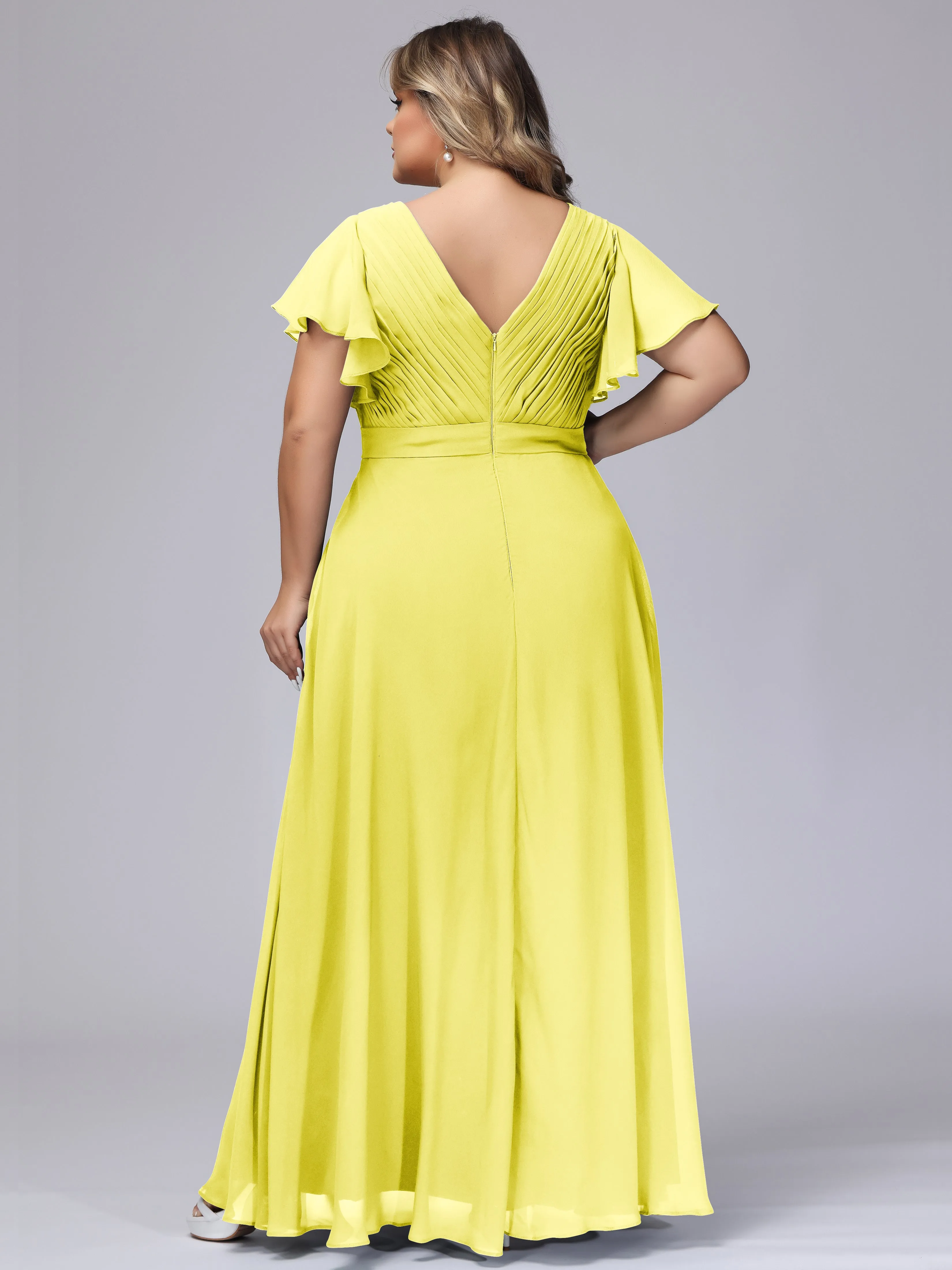 Elegant V-neck Ruffle Sleeves Empire Plus Size Bridesmaid Dress