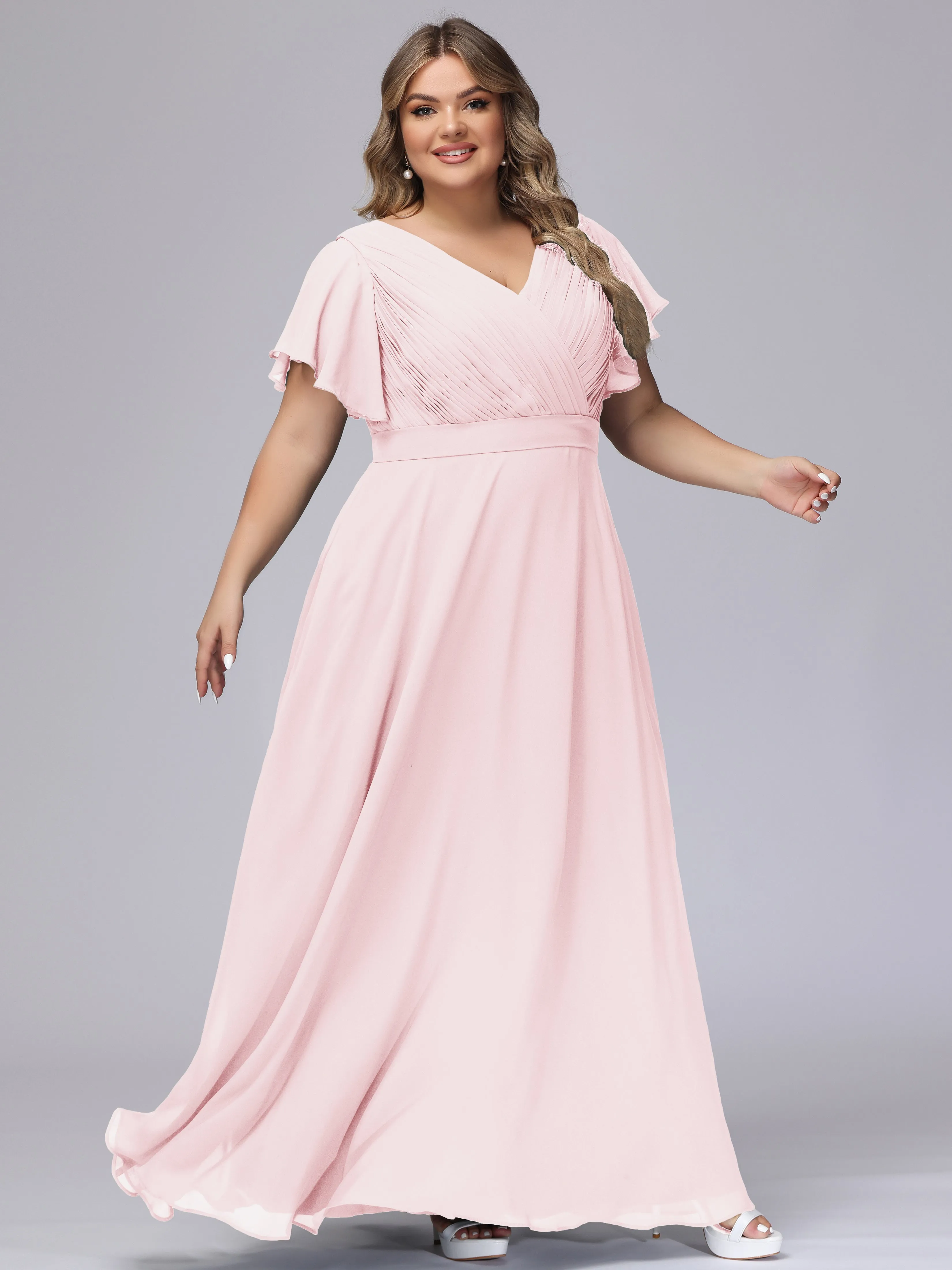 Elegant V-neck Ruffle Sleeves Empire Plus Size Bridesmaid Dress