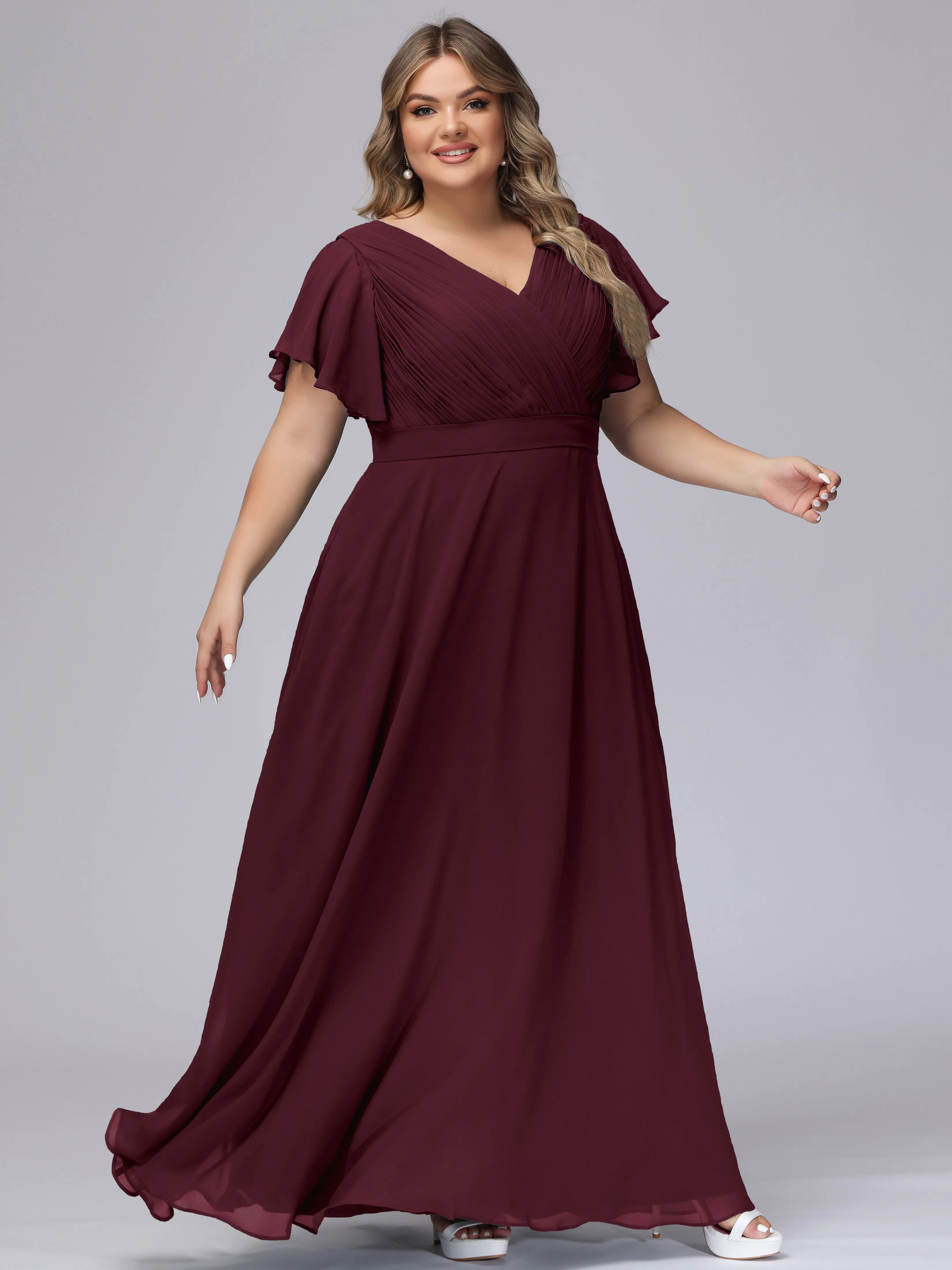 Elegant V-neck Ruffle Sleeves Empire Plus Size Bridesmaid Dress