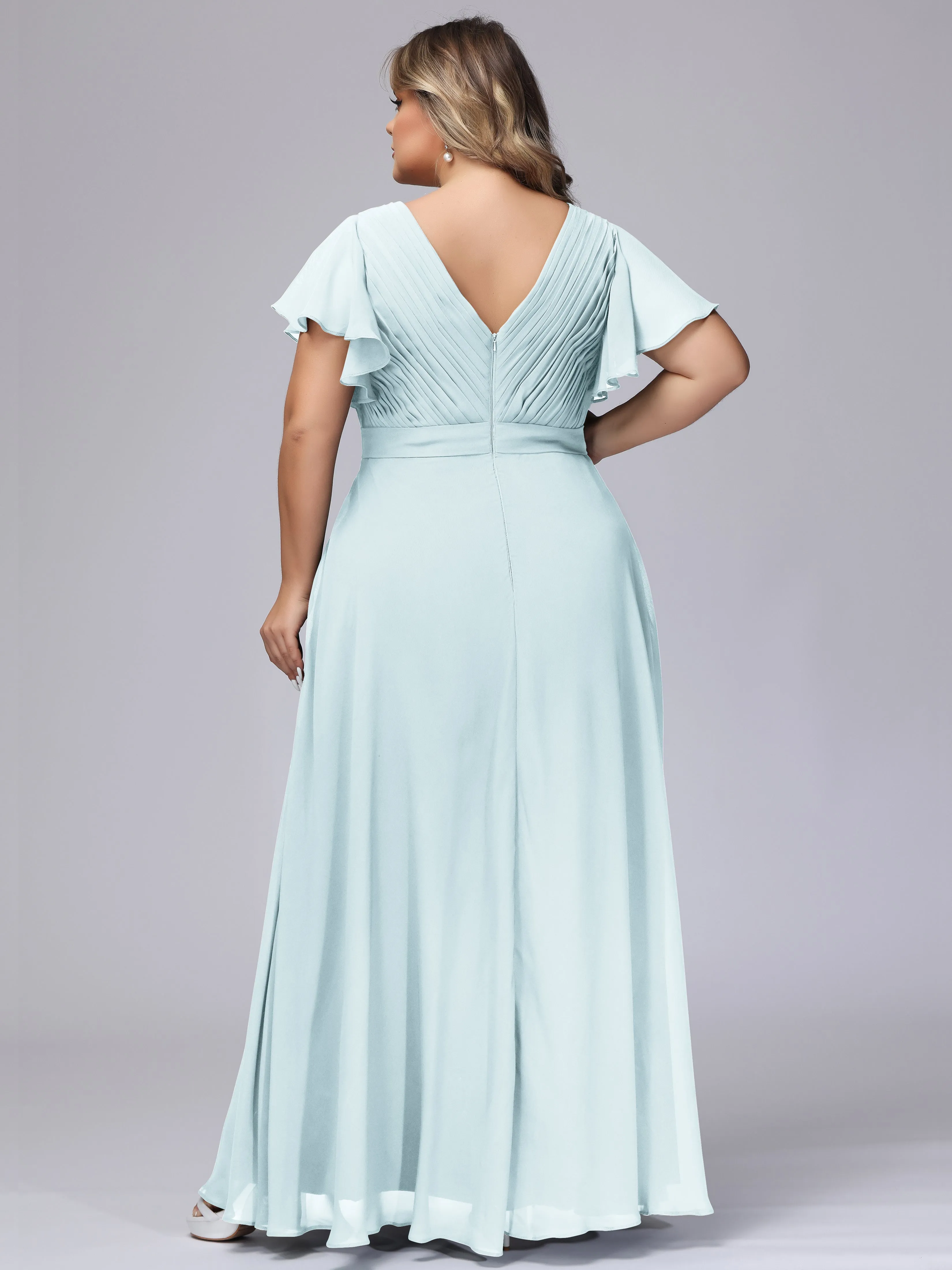 Elegant V-neck Ruffle Sleeves Empire Plus Size Bridesmaid Dress