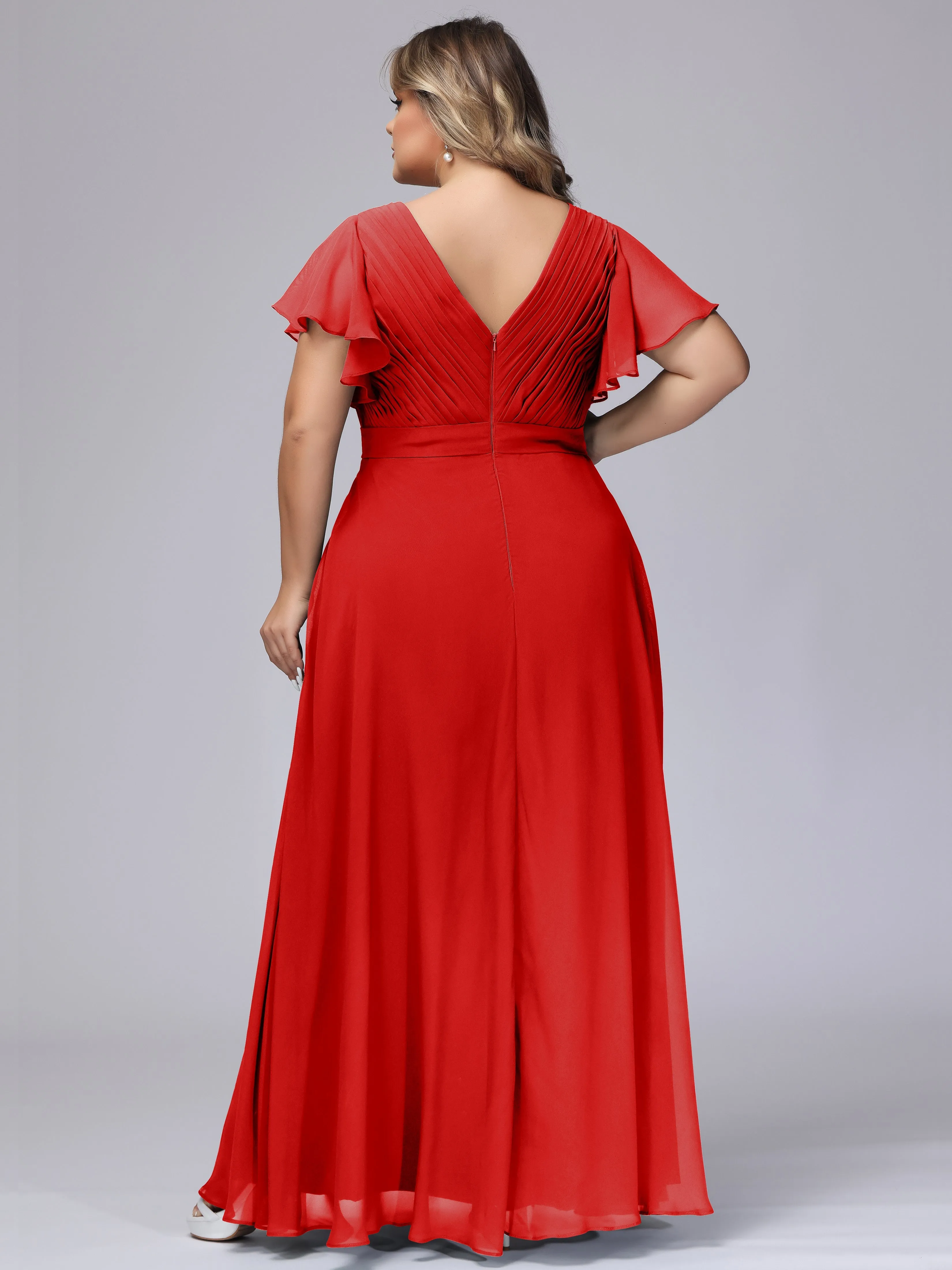 Elegant V-neck Ruffle Sleeves Empire Plus Size Bridesmaid Dress