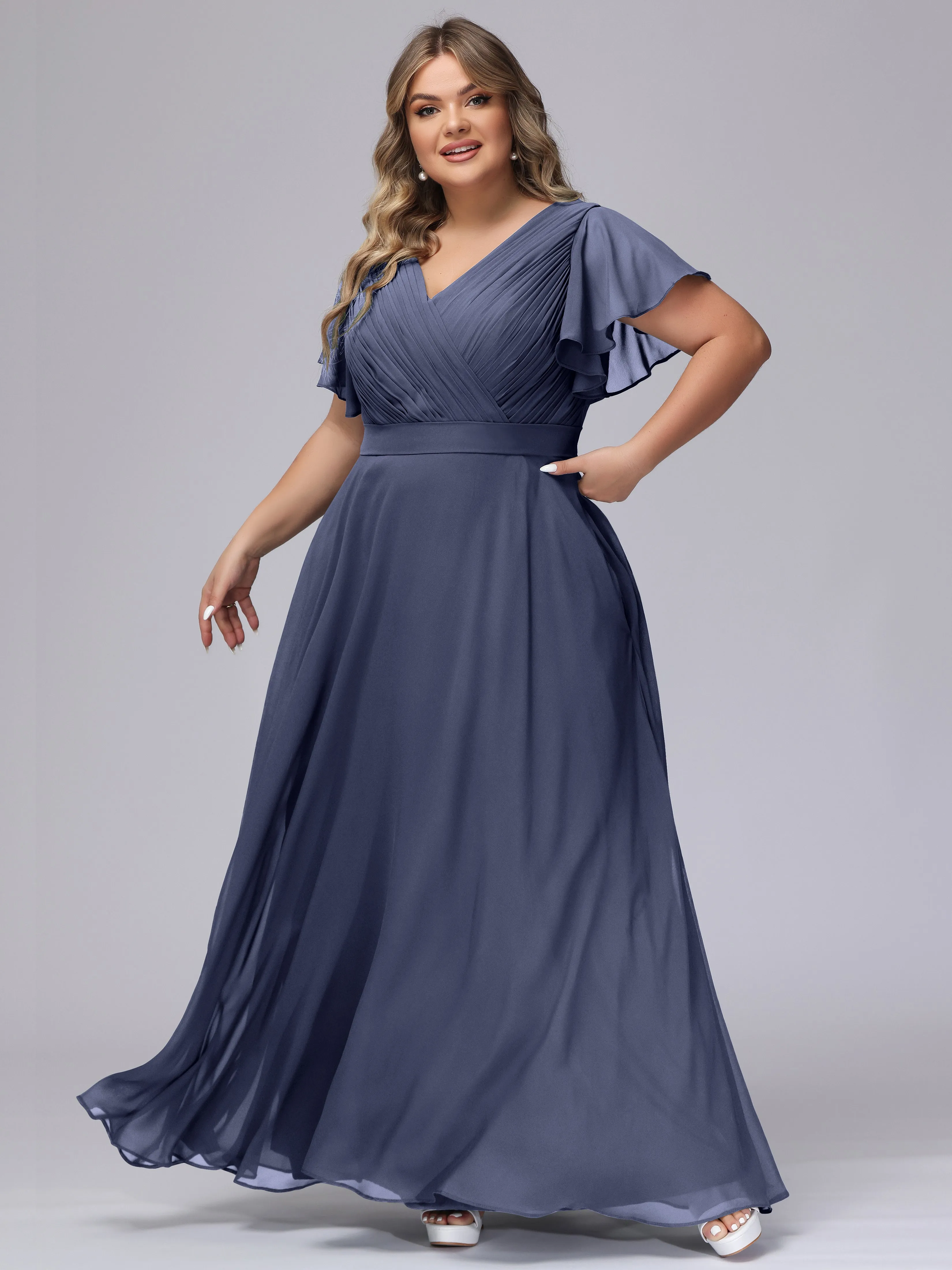 Elegant V-neck Ruffle Sleeves Empire Plus Size Bridesmaid Dress