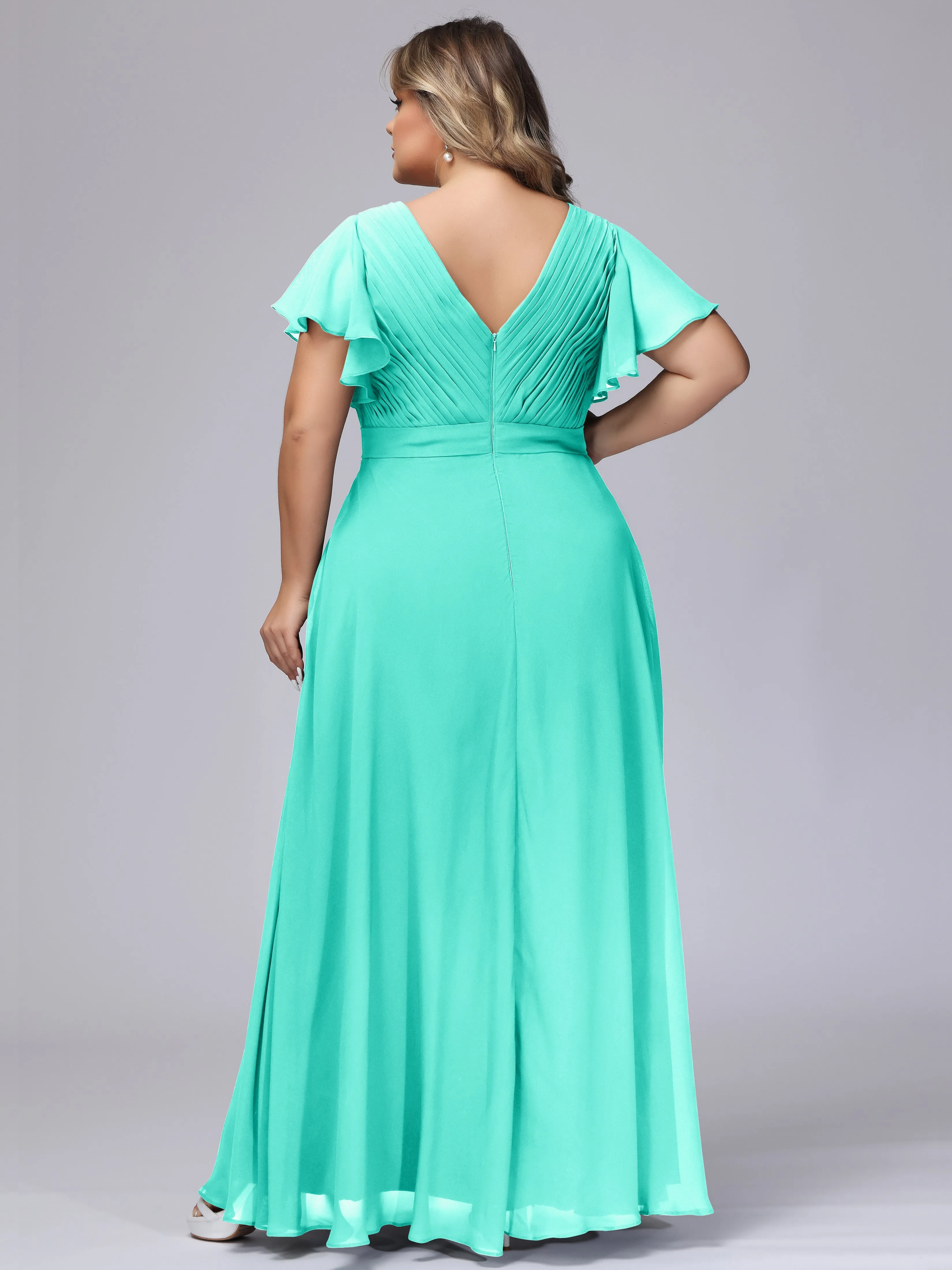 Elegant V-neck Ruffle Sleeves Empire Plus Size Bridesmaid Dress