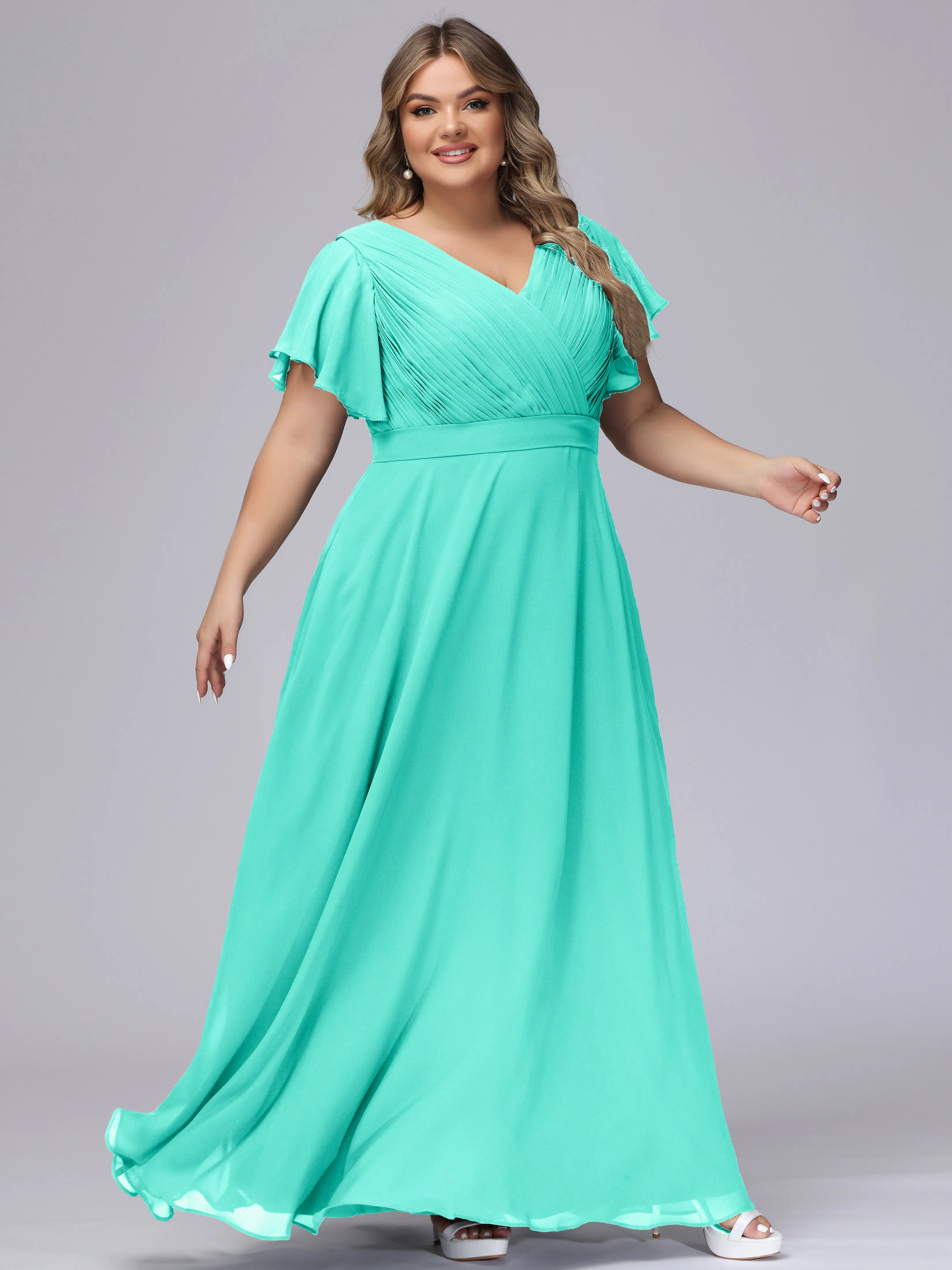 Elegant V-neck Ruffle Sleeves Empire Plus Size Bridesmaid Dress
