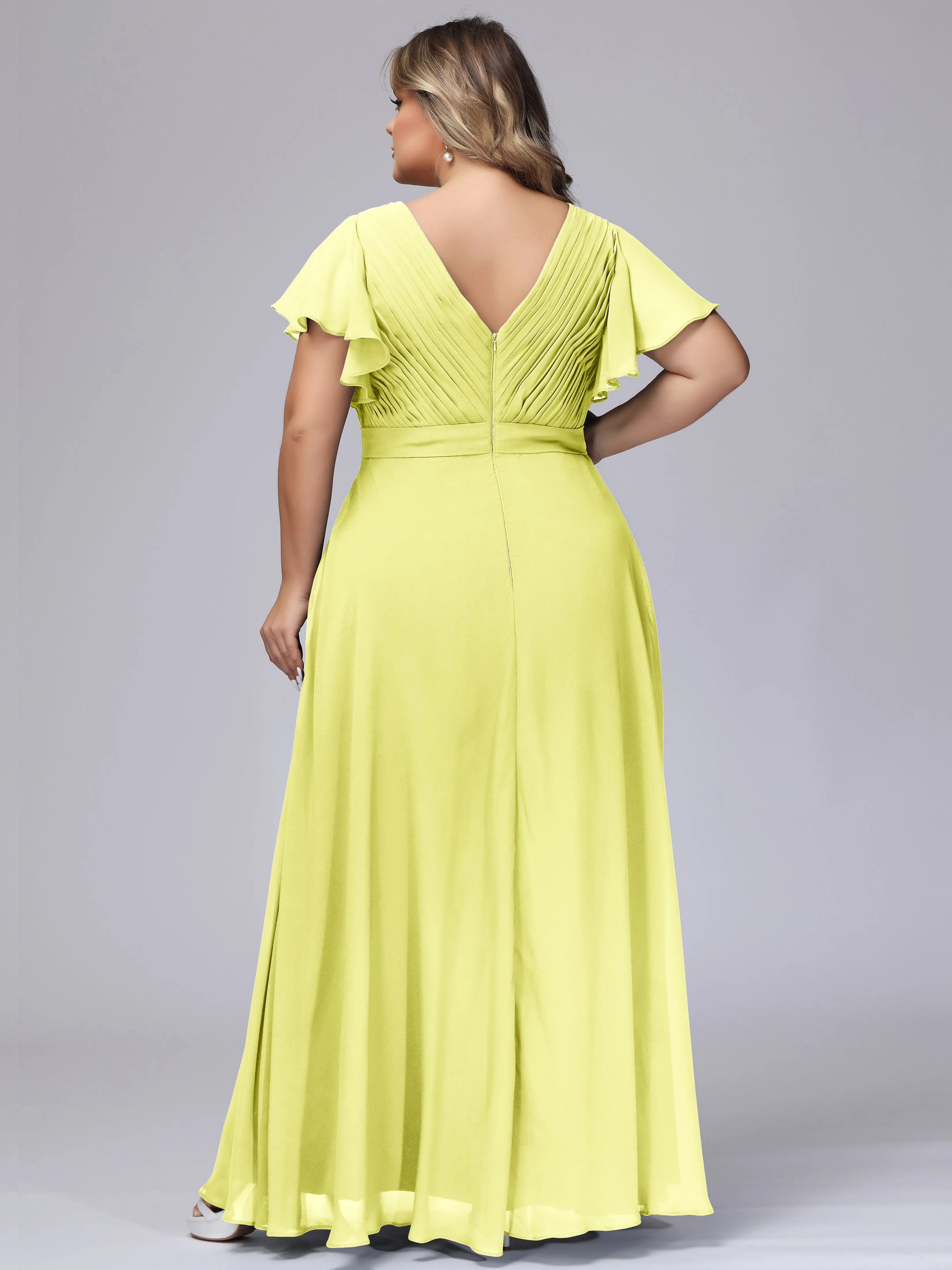 Elegant V-neck Ruffle Sleeves Empire Plus Size Bridesmaid Dress