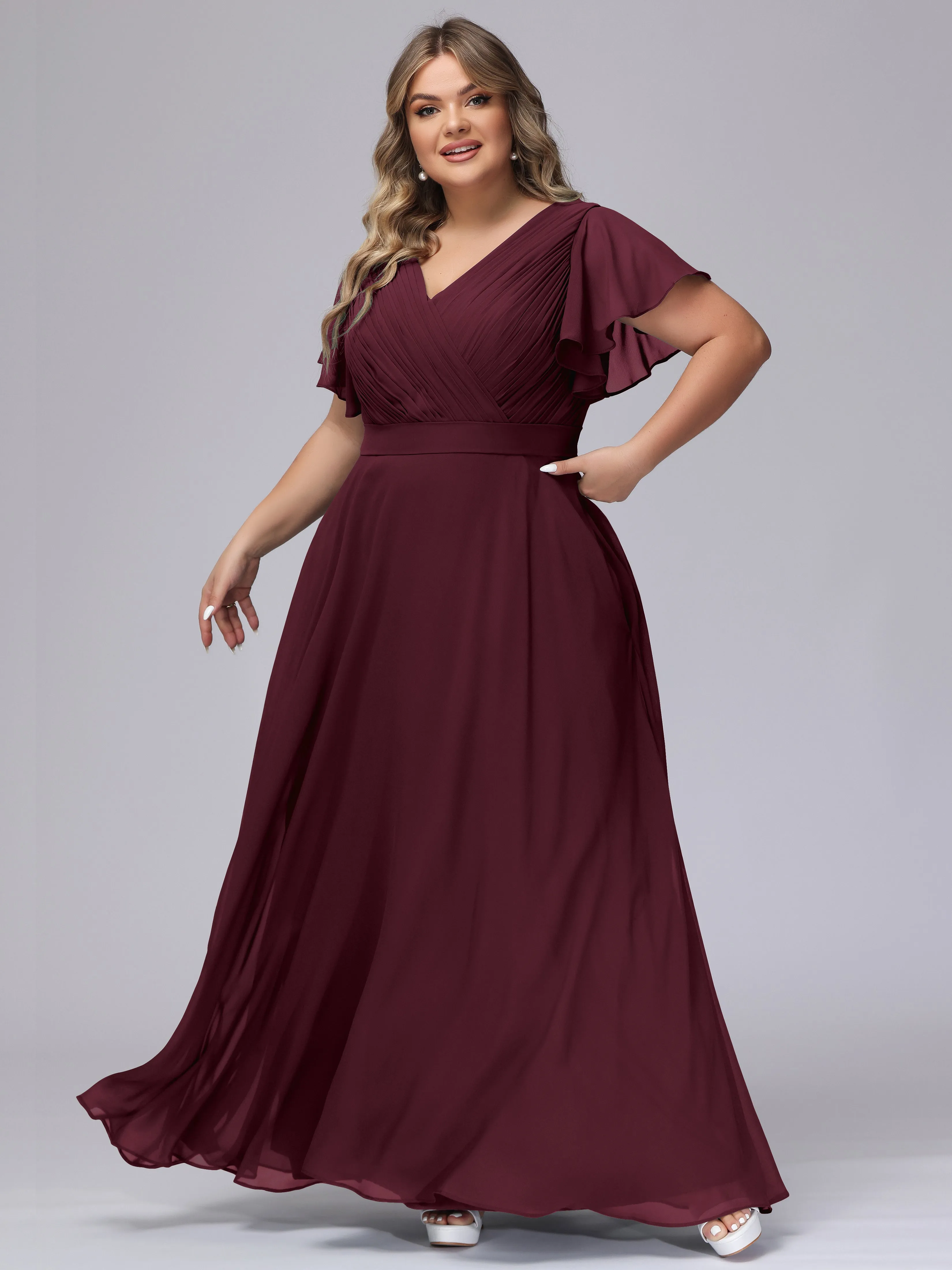 Elegant V-neck Ruffle Sleeves Empire Plus Size Bridesmaid Dress
