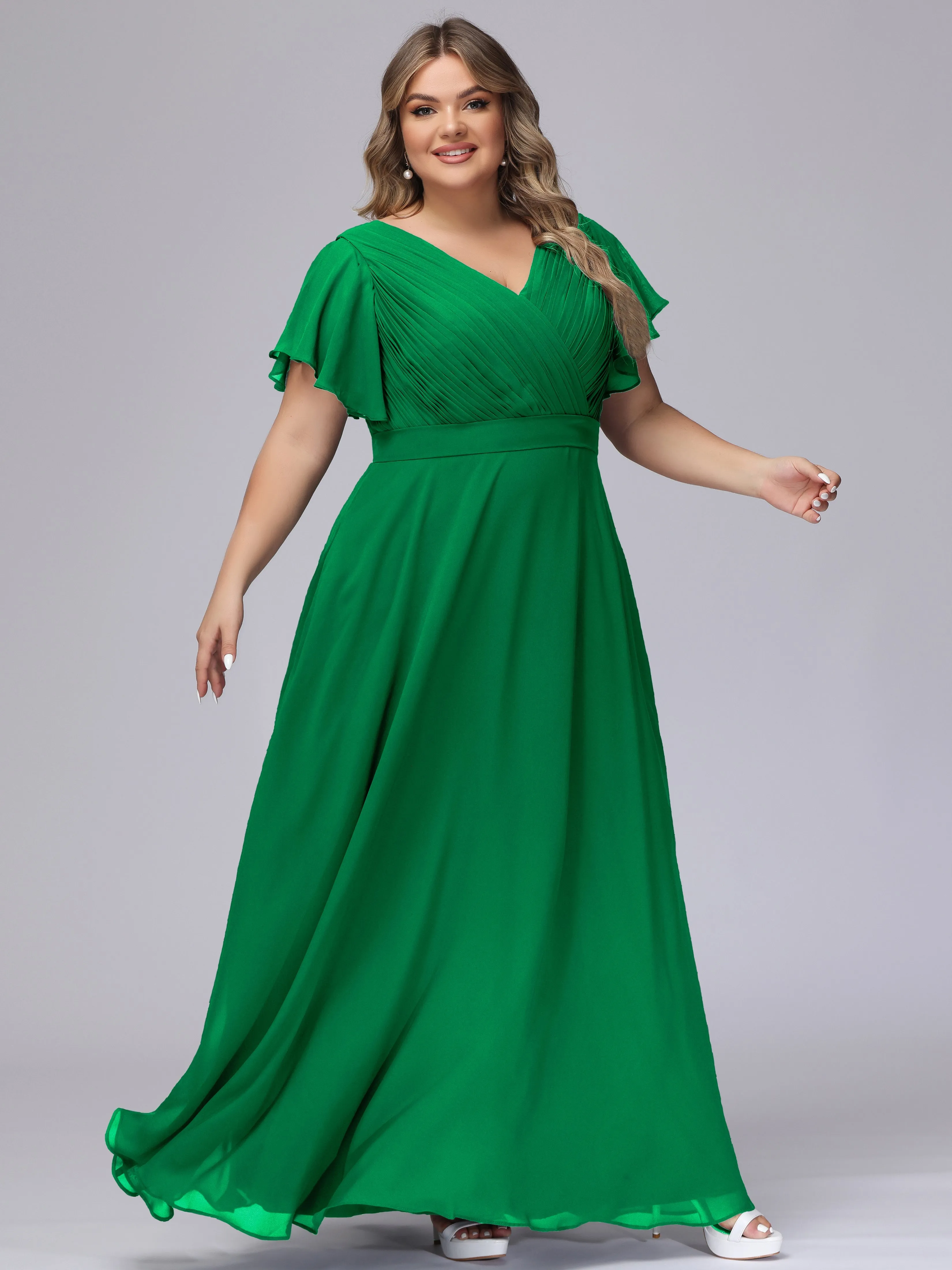 Elegant V-neck Ruffle Sleeves Empire Plus Size Bridesmaid Dress