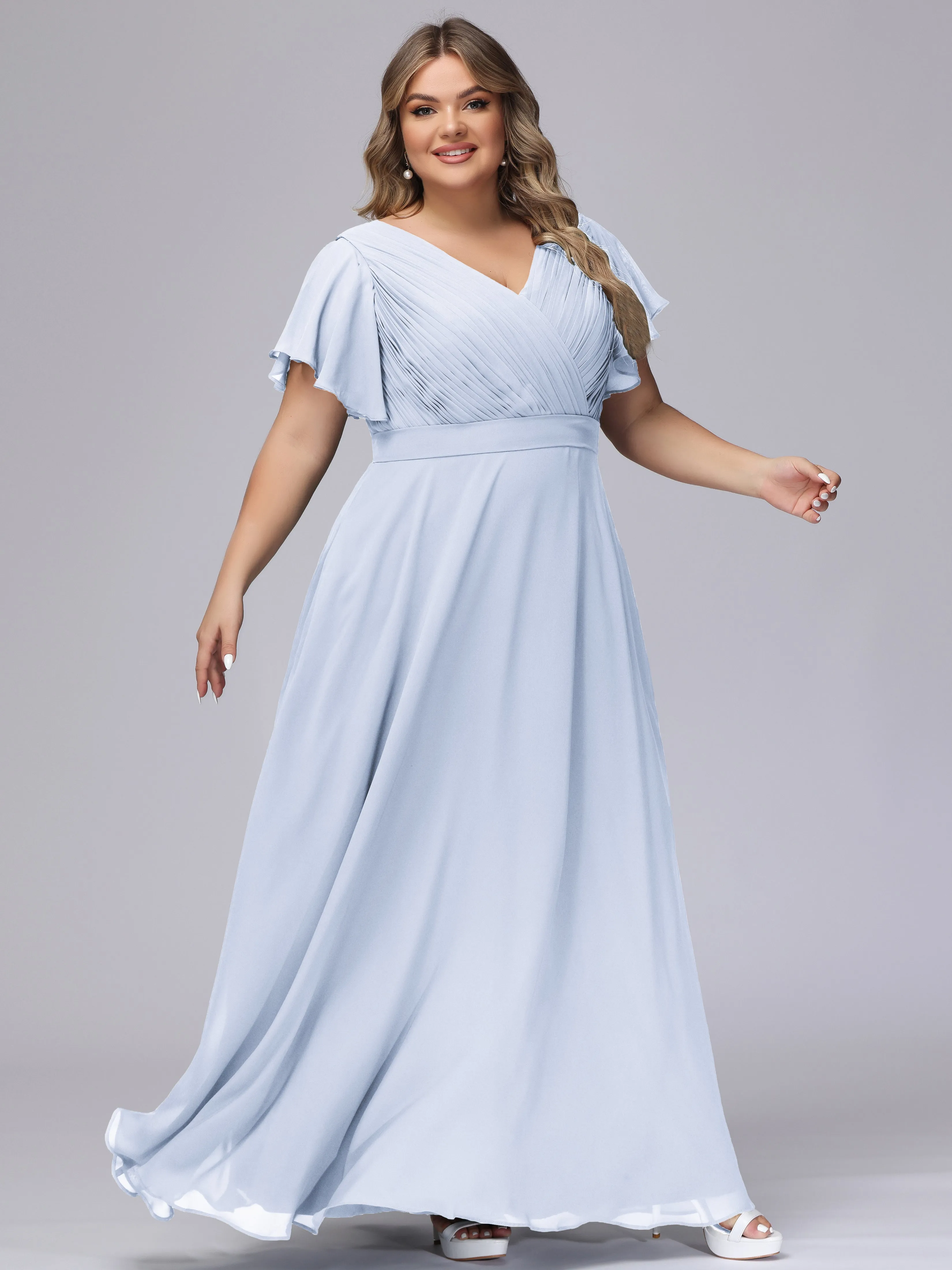 Elegant V-neck Ruffle Sleeves Empire Plus Size Bridesmaid Dress