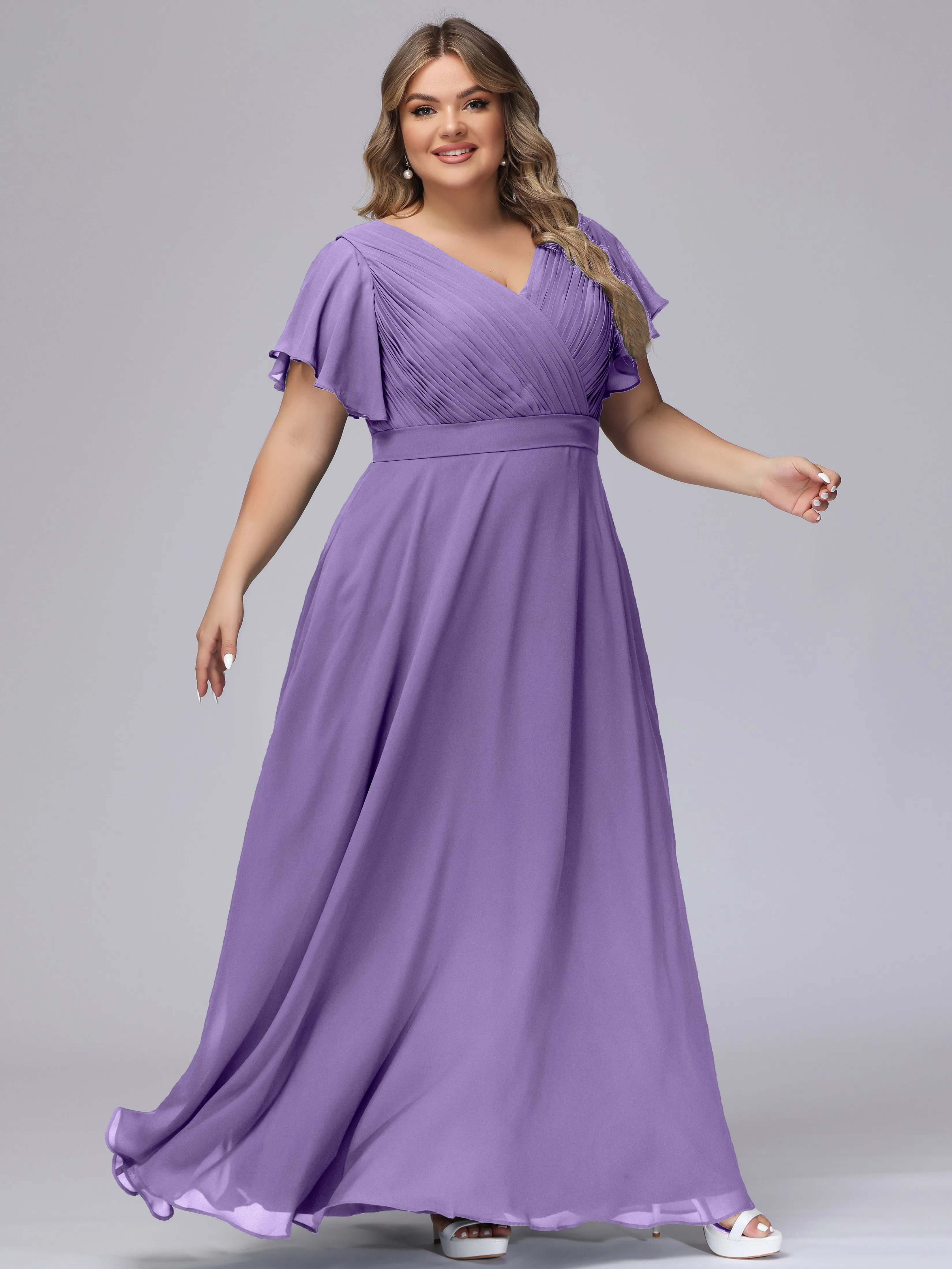 Elegant V-neck Ruffle Sleeves Empire Plus Size Bridesmaid Dress