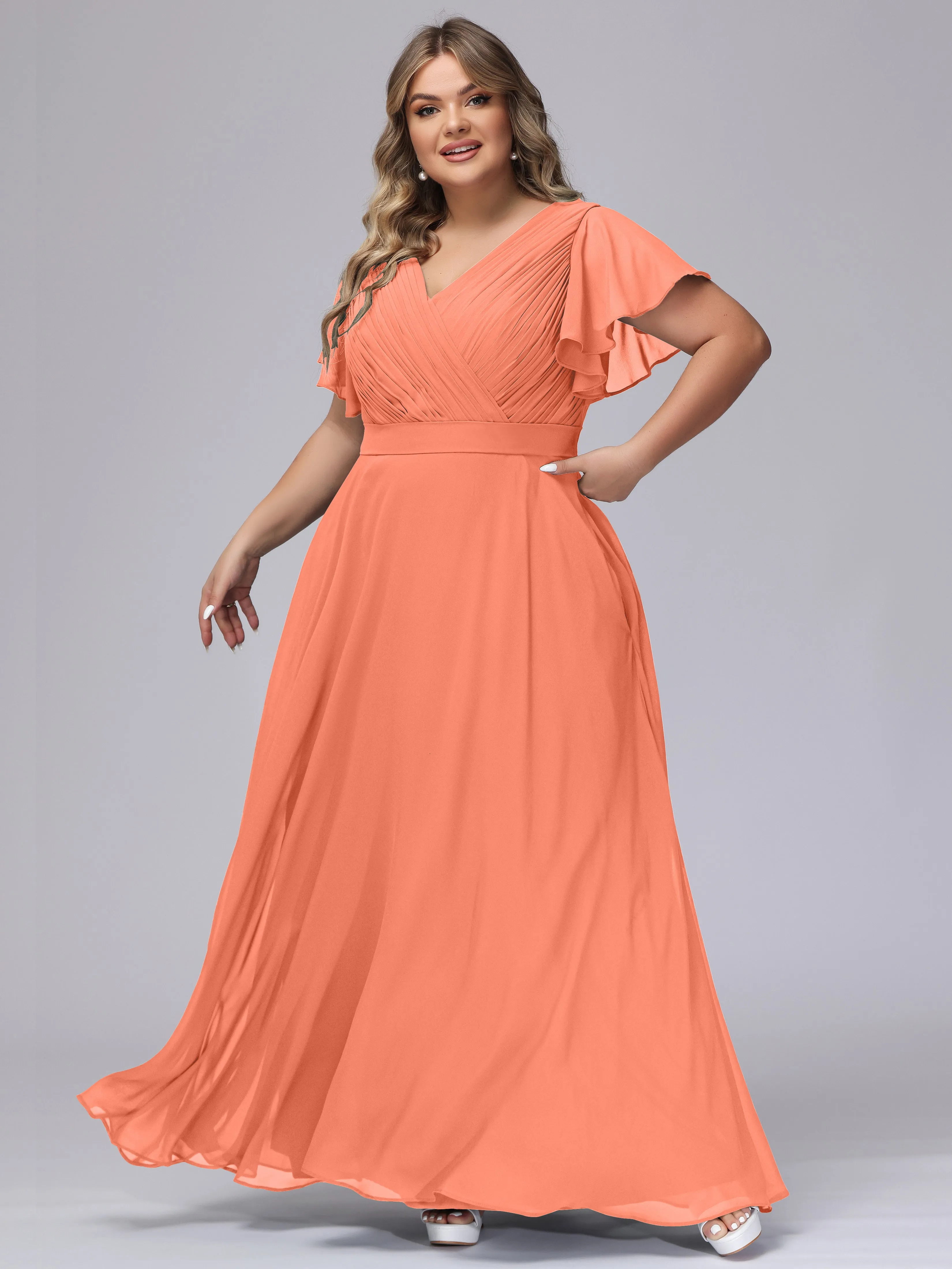 Elegant V-neck Ruffle Sleeves Empire Plus Size Bridesmaid Dress