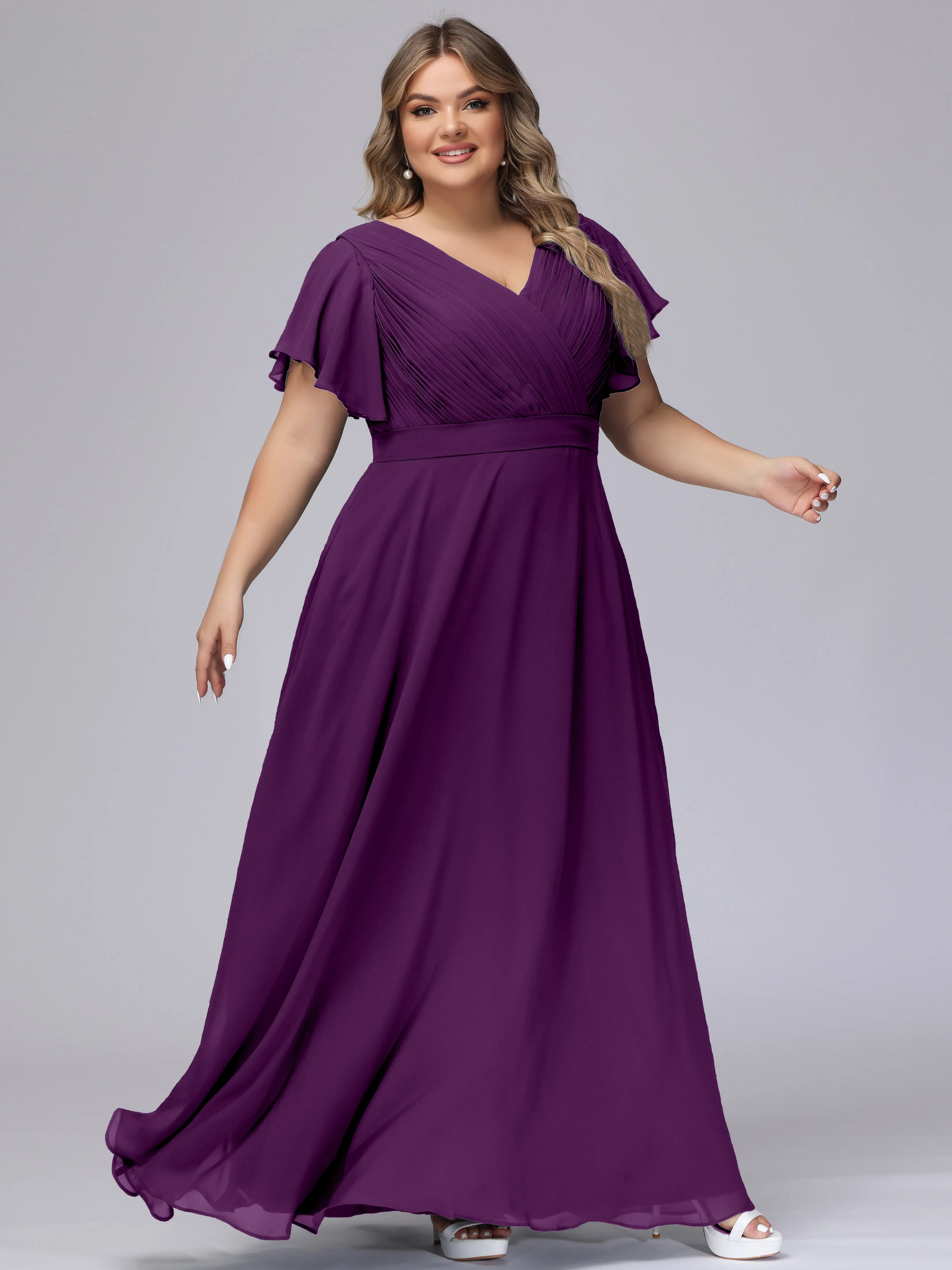 Elegant V-neck Ruffle Sleeves Empire Plus Size Bridesmaid Dress