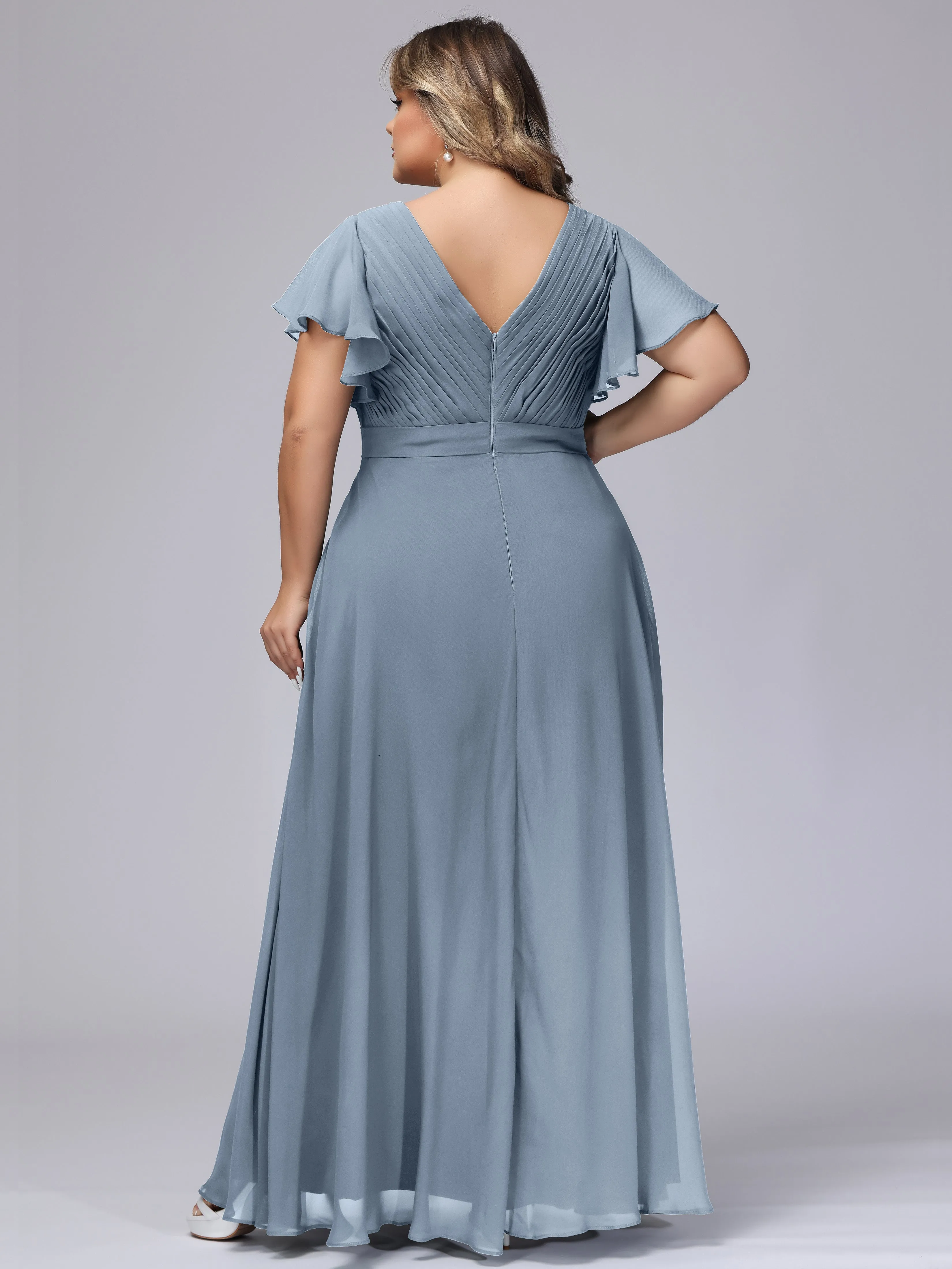 Elegant V-neck Ruffle Sleeves Empire Plus Size Bridesmaid Dress