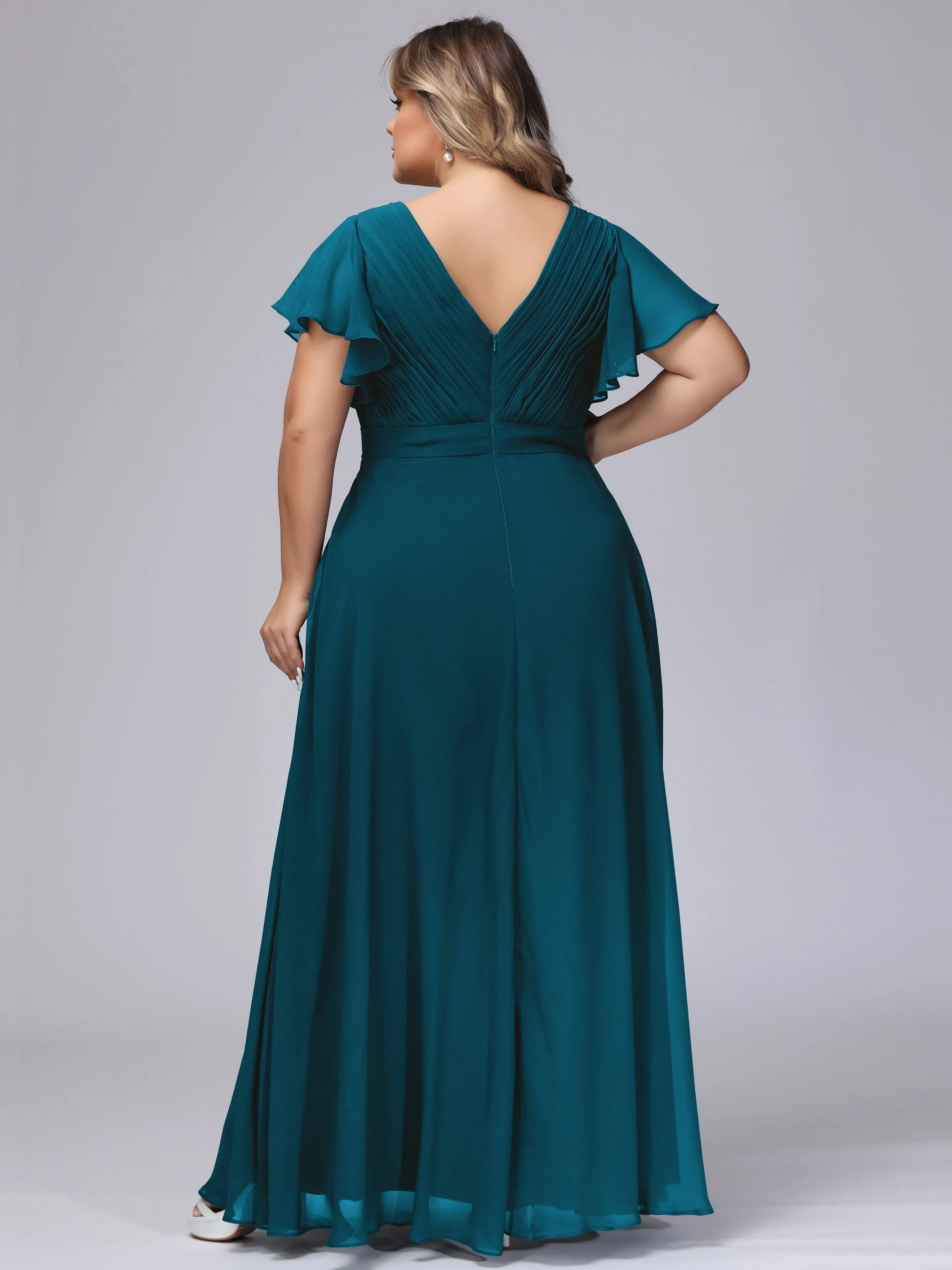 Elegant V-neck Ruffle Sleeves Empire Plus Size Bridesmaid Dress