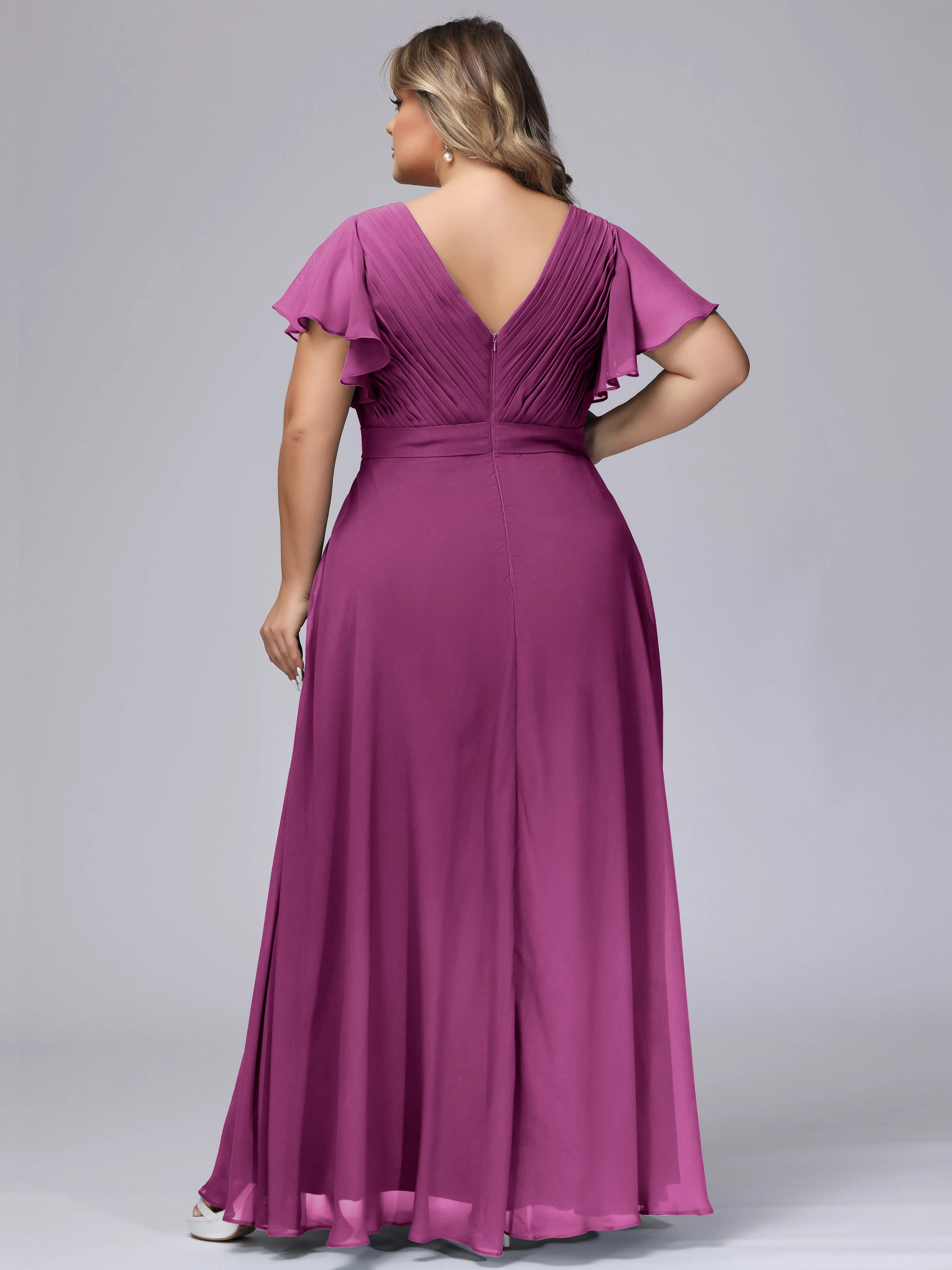 Elegant V-neck Ruffle Sleeves Empire Plus Size Bridesmaid Dress