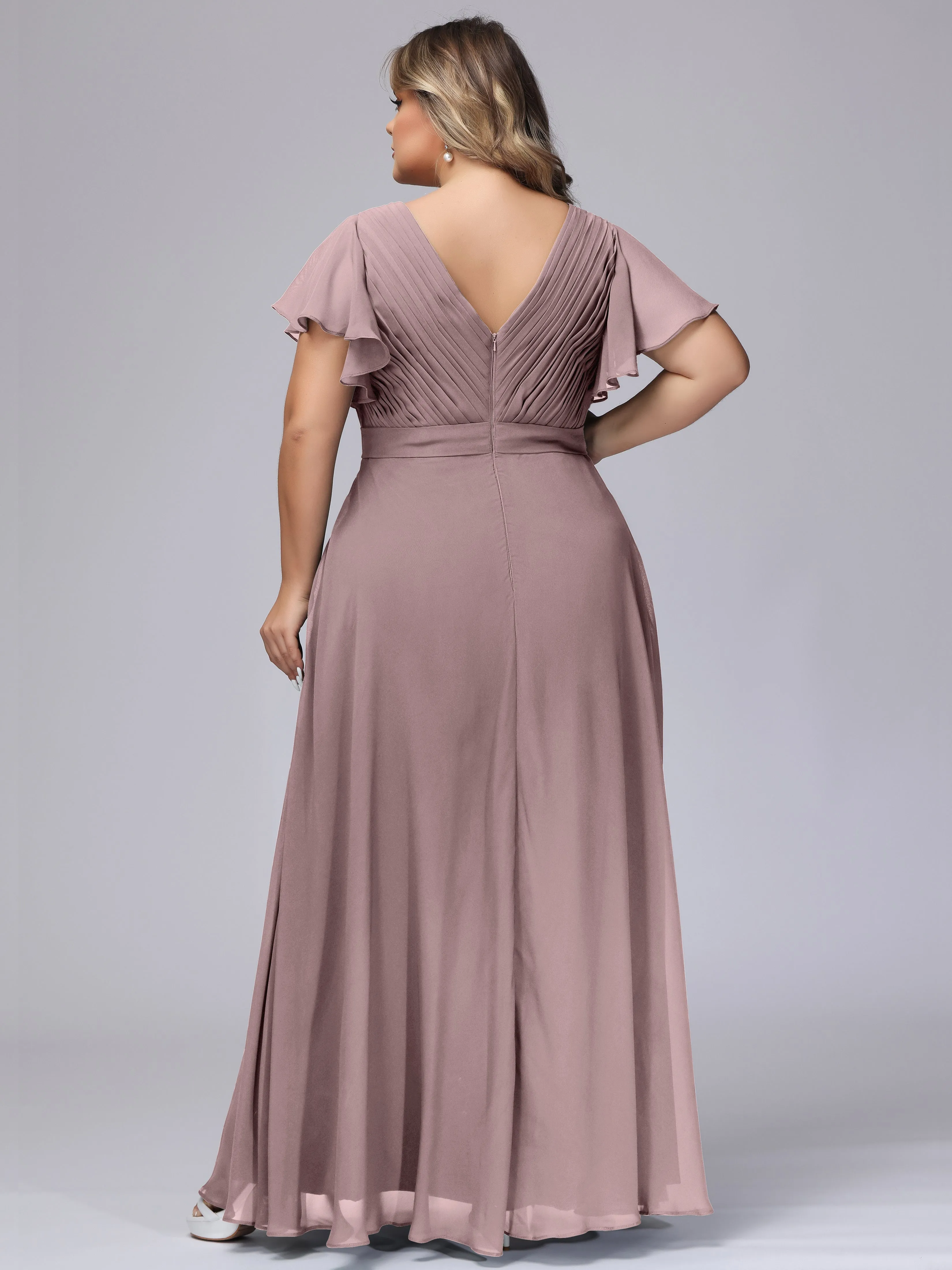 Elegant V-neck Ruffle Sleeves Empire Plus Size Bridesmaid Dress