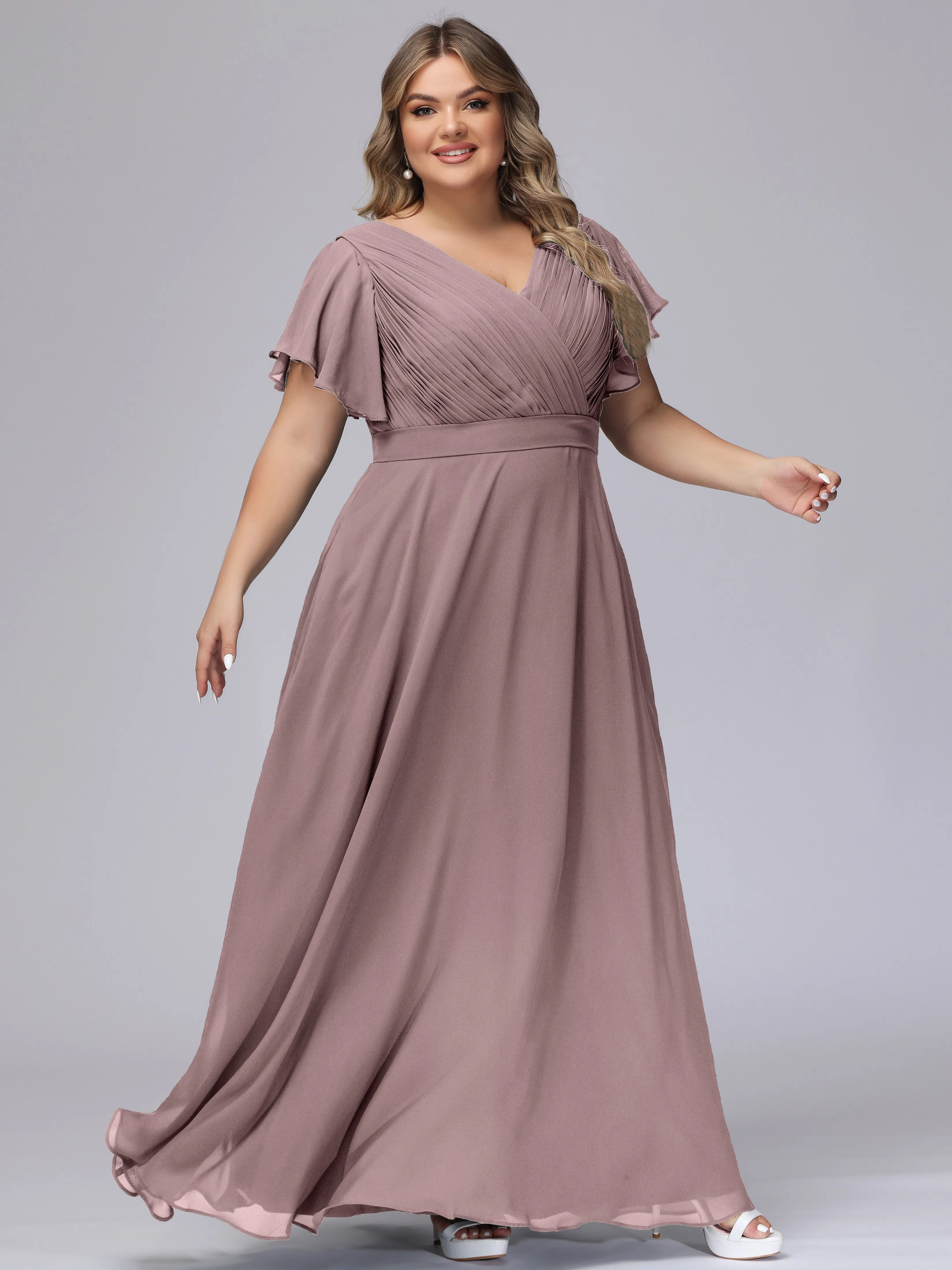 Elegant V-neck Ruffle Sleeves Empire Plus Size Bridesmaid Dress
