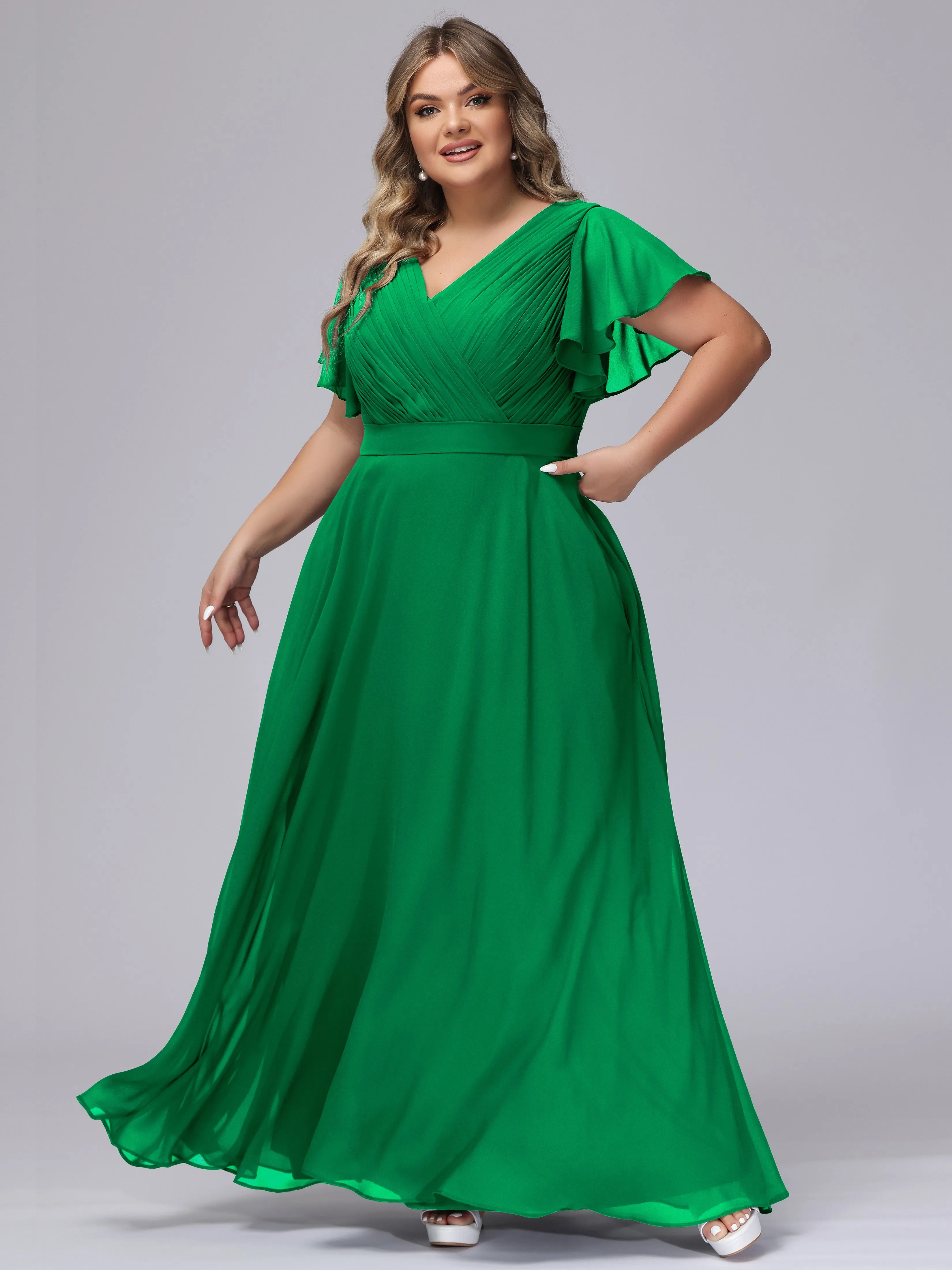 Elegant V-neck Ruffle Sleeves Empire Plus Size Bridesmaid Dress