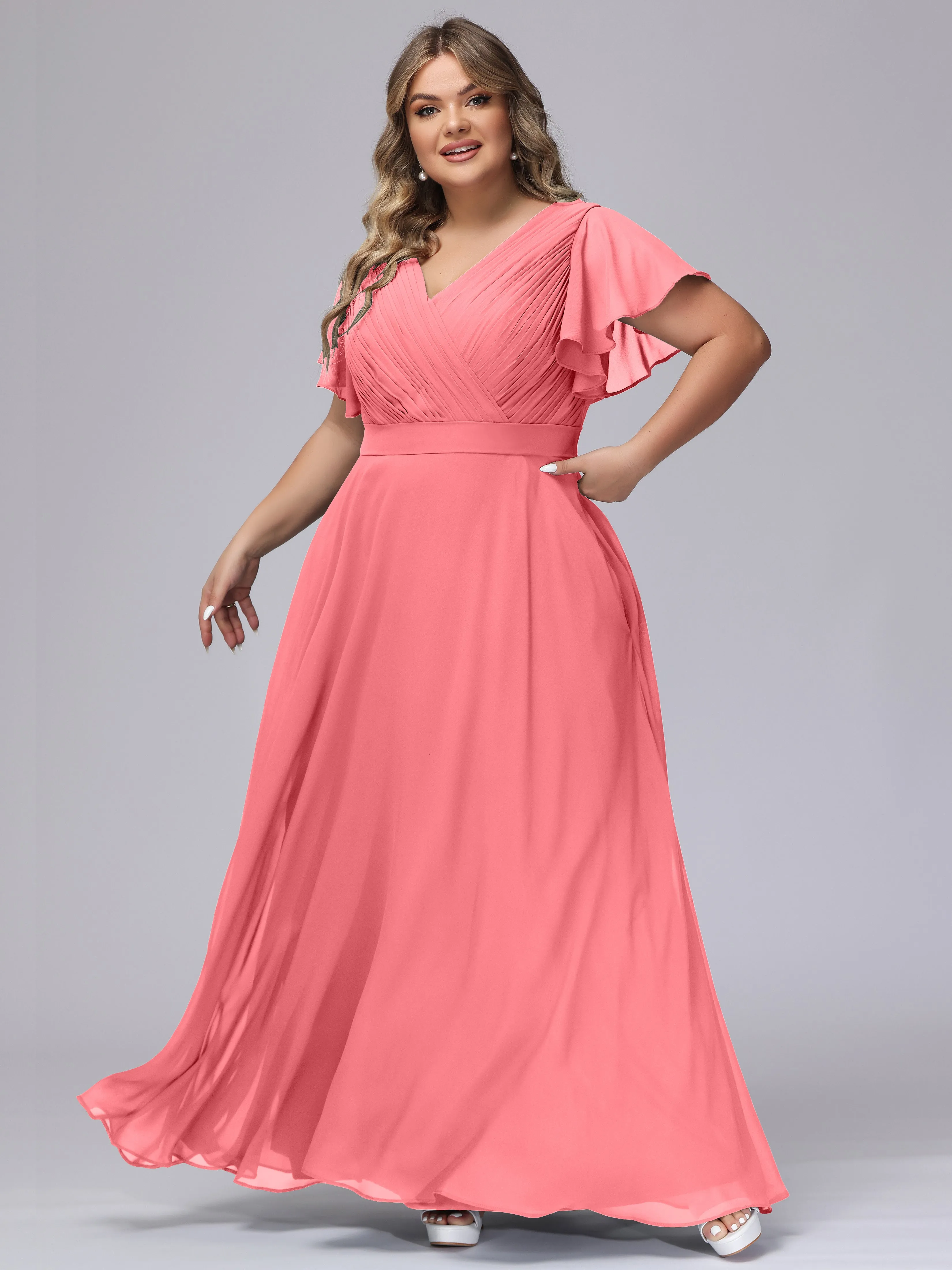 Elegant V-neck Ruffle Sleeves Empire Plus Size Bridesmaid Dress