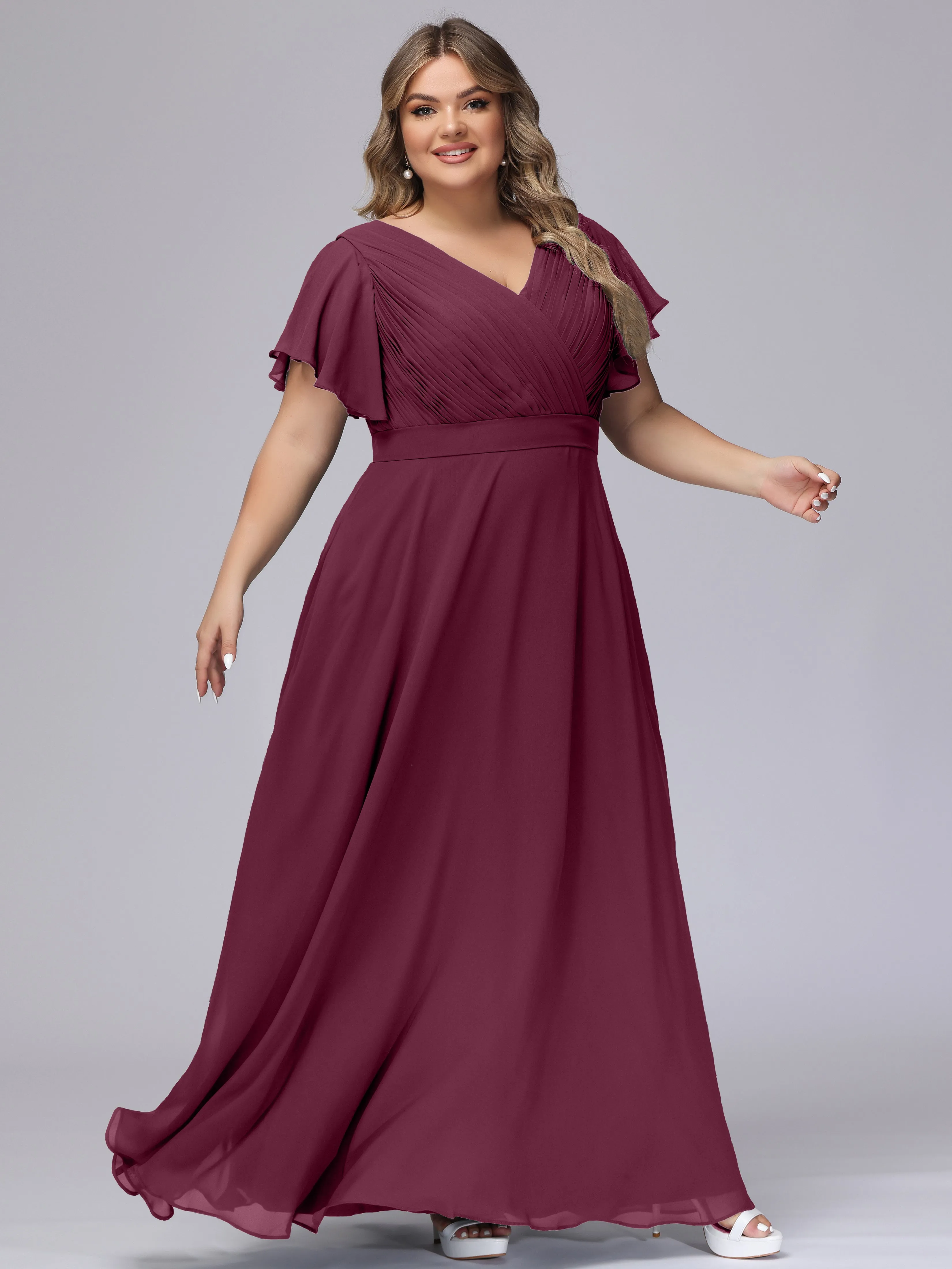 Elegant V-neck Ruffle Sleeves Empire Plus Size Bridesmaid Dress