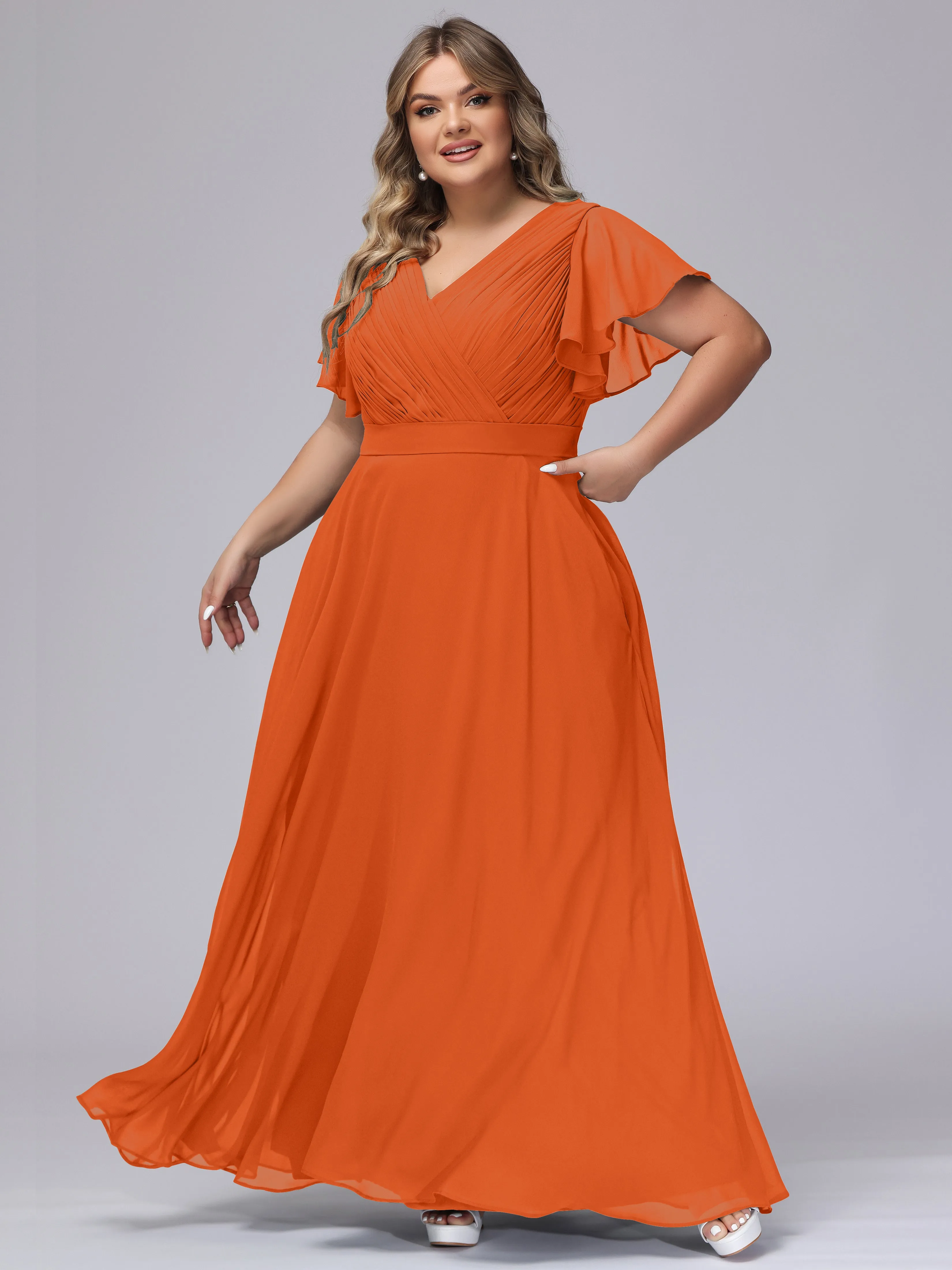 Elegant V-neck Ruffle Sleeves Empire Plus Size Bridesmaid Dress