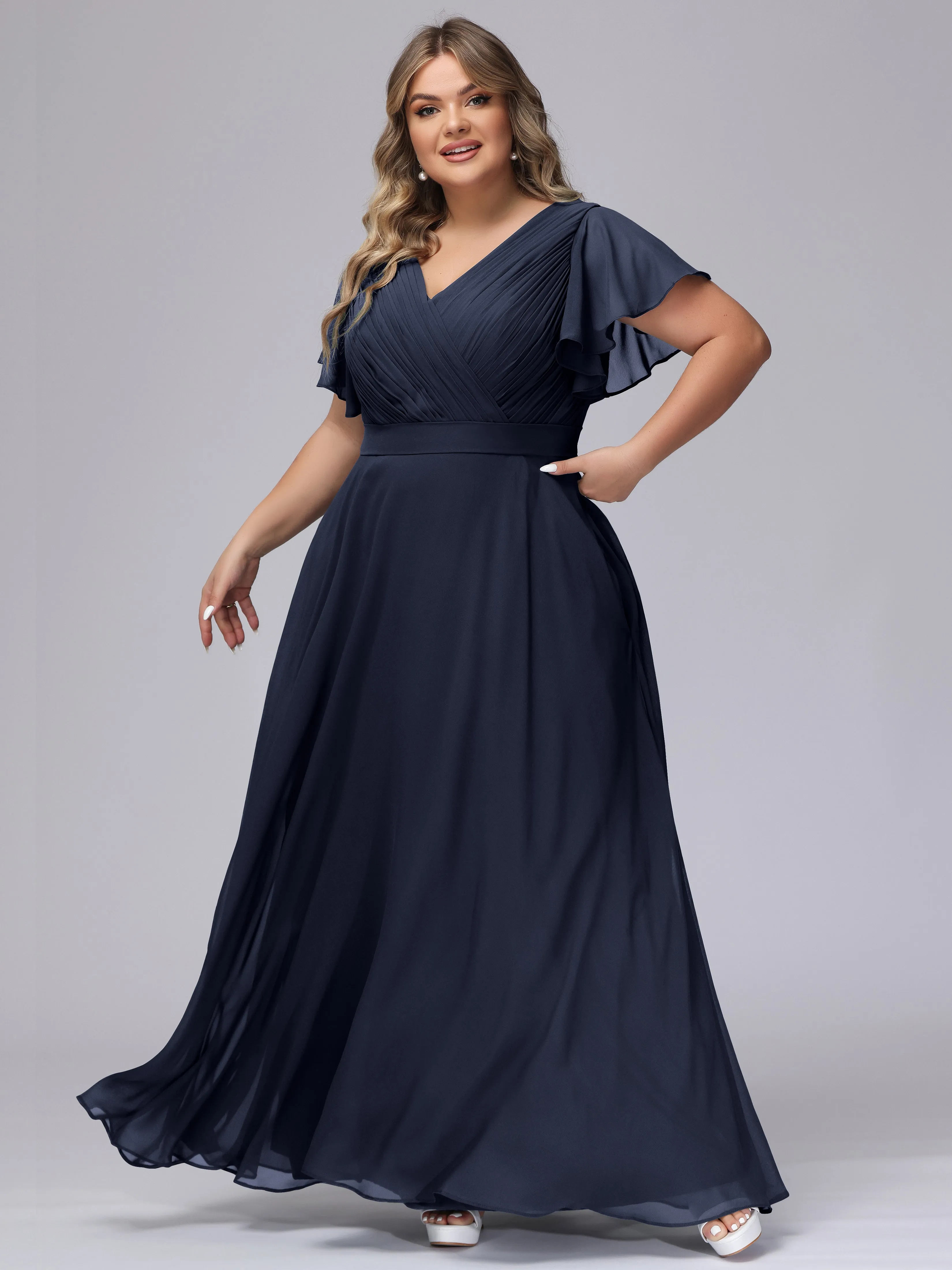 Elegant V-neck Ruffle Sleeves Empire Plus Size Bridesmaid Dress