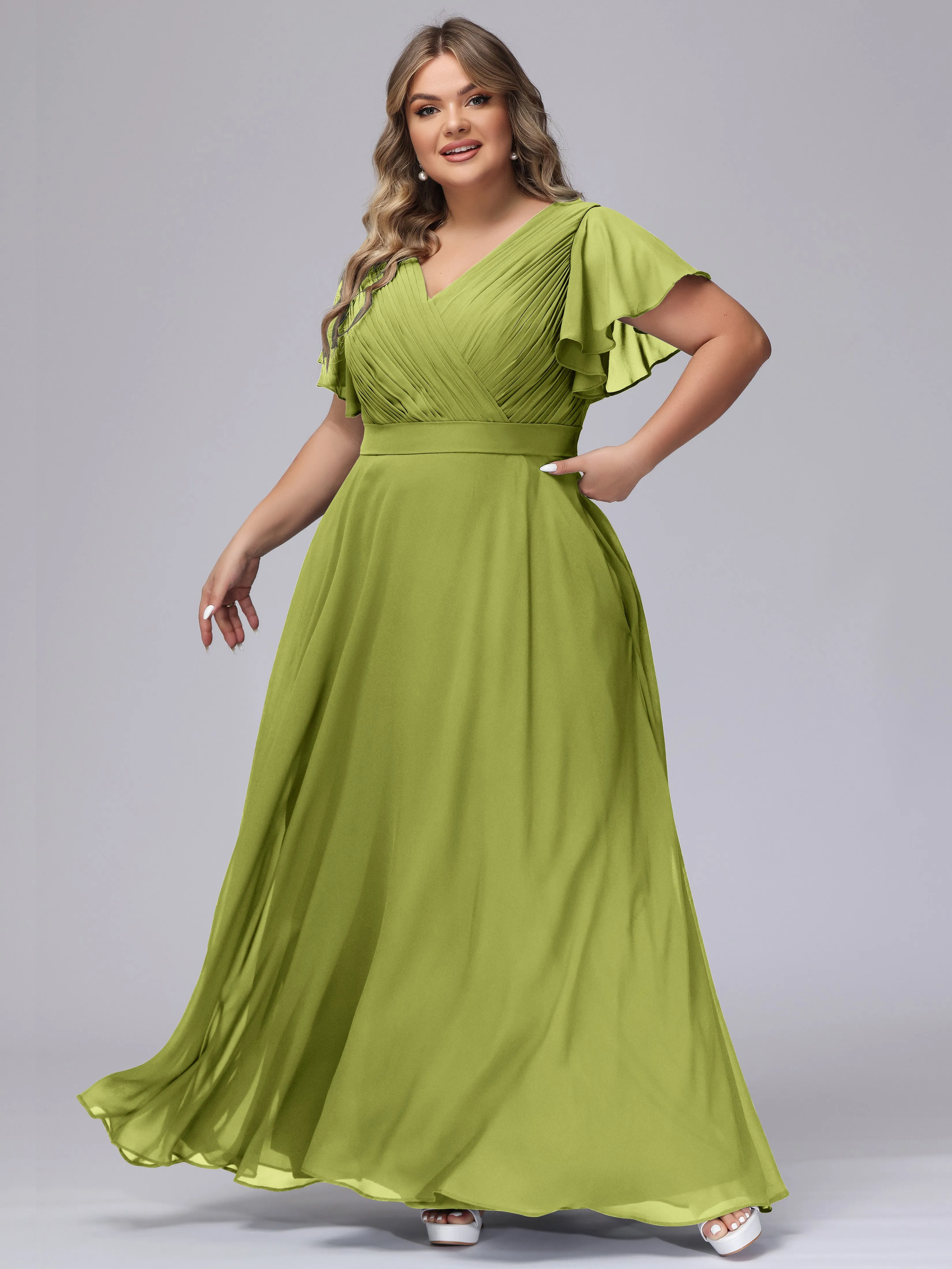 Elegant V-neck Ruffle Sleeves Empire Plus Size Bridesmaid Dress